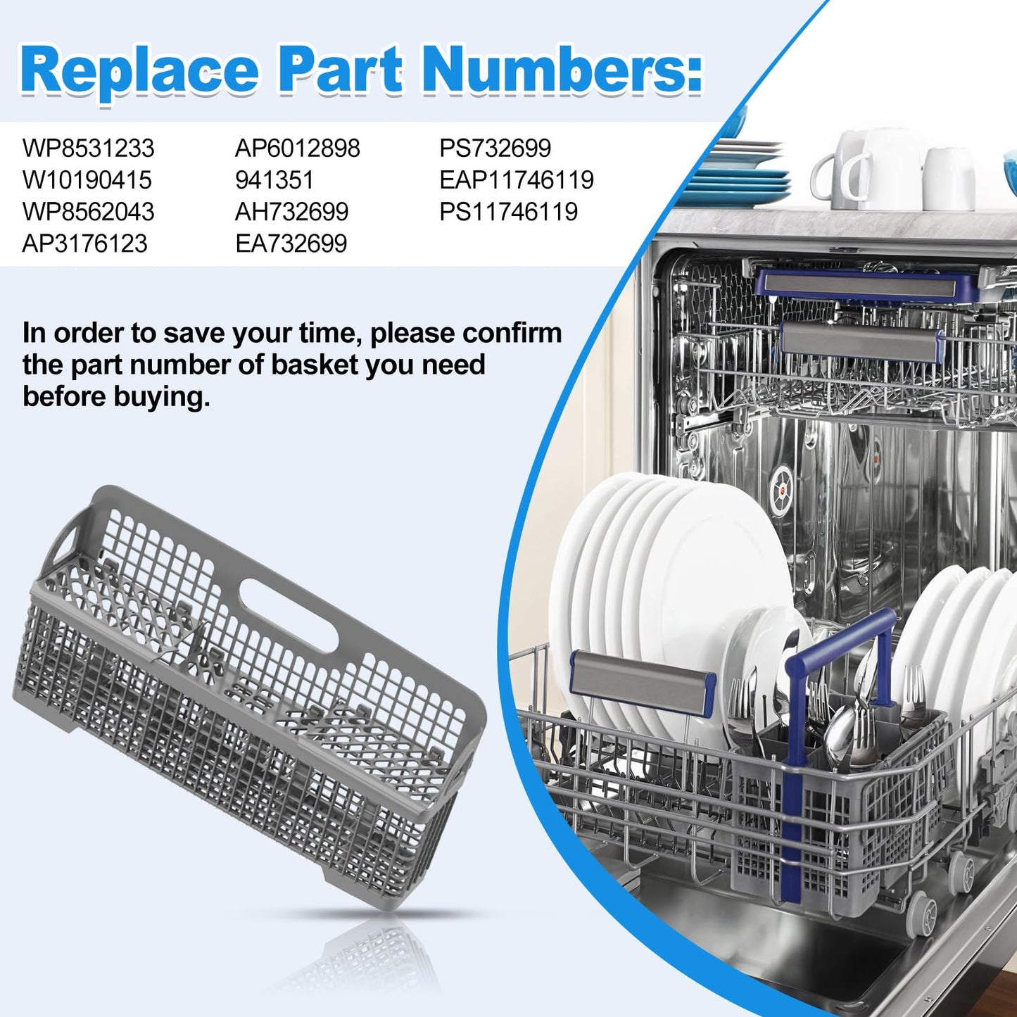 UPGRADED 8531233 WP8562043 Dishwasher Silverware Basket Replacement,Fits For Kitchenaid Kenmore Whirlpool Dishwasher Utensil Basket Parts KDFE104HPS0 KDTE334GPS0 Universal Dishwasher Cutlery Basket