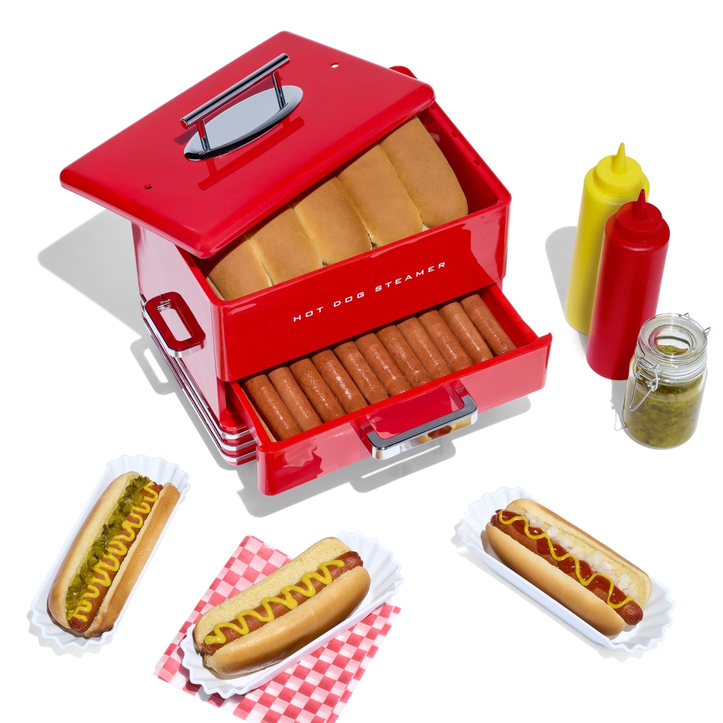 Nostalgia Extra Large Diner-Style Steamer Cooks 20 Hot Dogs & 6 Buns- Hot Dog Steamer for Breakfast Sausages, Brats, Vegetables & Fish- Bun Warmer Steamer Perfect for Game Days or Parties- Red