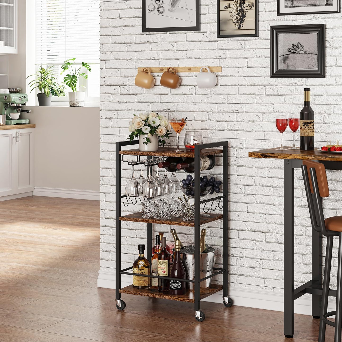 TUTOTAK Bar Cart, Home Bar Serving Cart with 3-Tier Shelf, Drink Cart with Wine Rack, Glass Holder, Rolling bar carts for the Home, Living Room, Brown BC01BB035