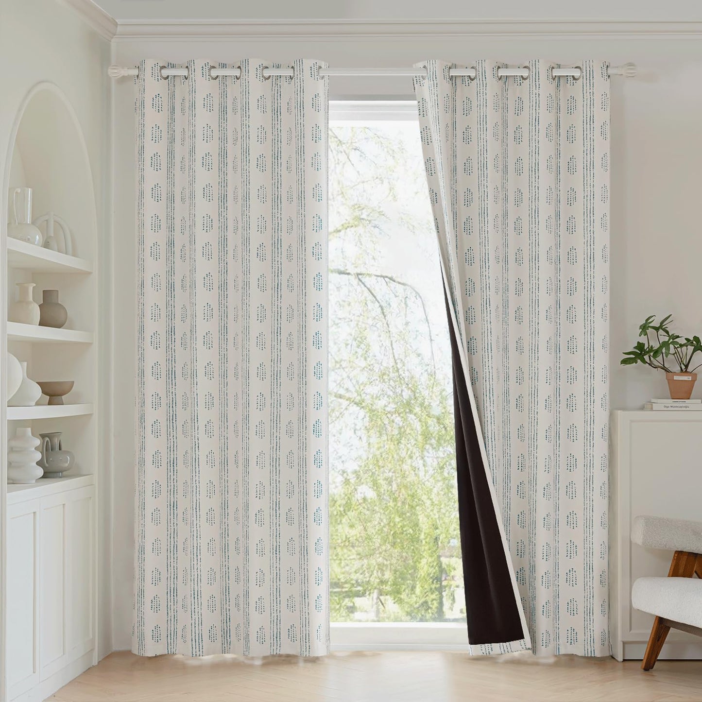 ugoutry 100% Boho Blackout Curtains 84 Inches Long for Bedroom, Blue on Beige Patterned Bohemian Curtains for Living Room, Geometric Striped Thermal Insulated Window Drapes Gromment Top 2 Panels