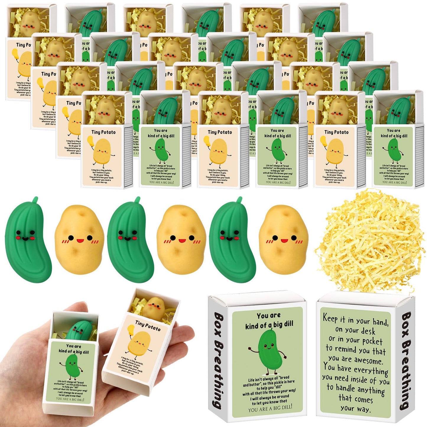 Sinload 100 Sets Emotional Positive Potato Pickle Eraser Desk Pet End of School Year Gift for Teacher Nurse Coworker with Box Raffia Pocket Hug Appreciation Gift for Office Team Staff Employee Friend
