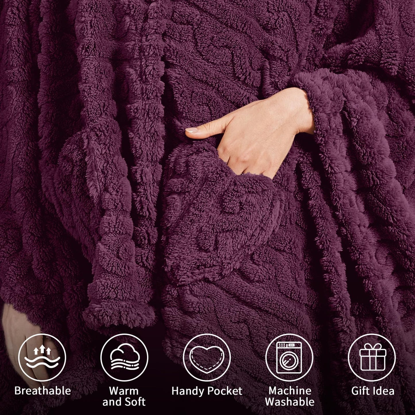 Dgsfmi Wearable Blanket Poncho Cape Wrap for Adult, Cozy Sherpa Fleece Pocketed Shawl TV Throw Blankets for Office and Lounge(Purple,58'' x 64'')