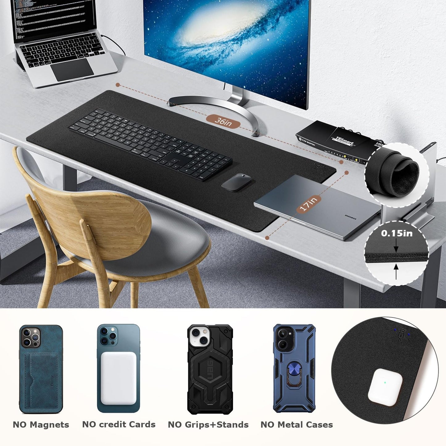Wireless Charging Mouse Pad Firelison 2 in 1 Leather Multifunctional Office Desk Pad with Non-Slip Rubber Base, Waterproof Desk pad for Computers/Office/Work/Home/Decor（ 36" x 17"Black - R）