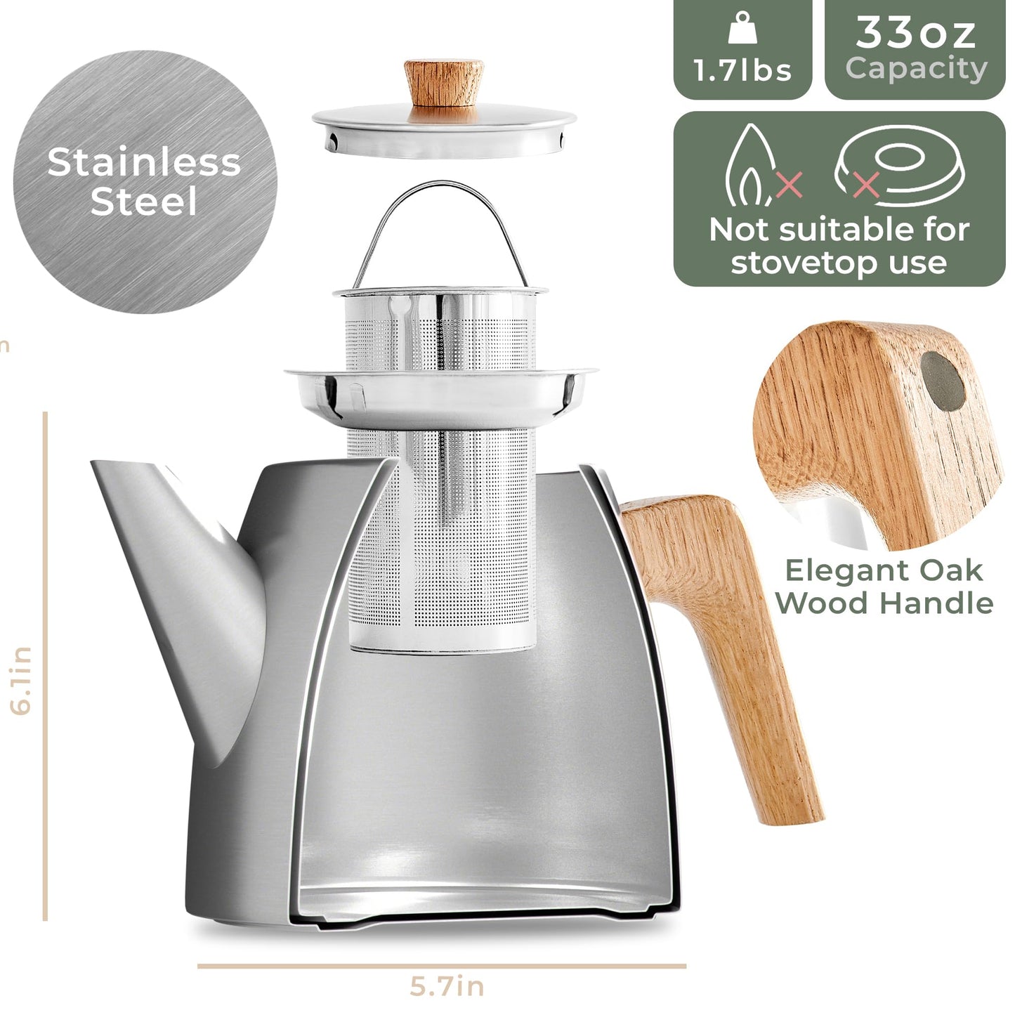 WALDWERK Tea Pot with Infuser - Double Wall Stainless Steel Teapot - Tea Pot with Infuser for Loose Tea - Made from 304 Stainless Steel and Oak Wood - Isolated Teapot with Strainer - 100% Drip Free