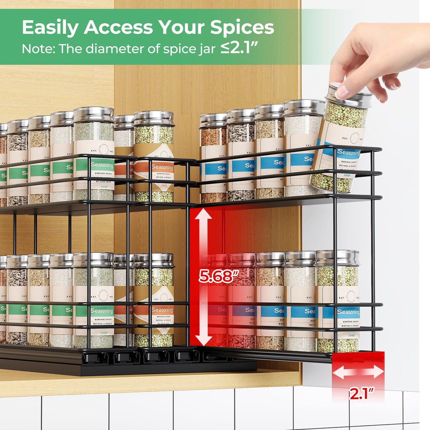 Mystozer Pull Out Spice Rack Organizer for Cabinet, Slide Out Spice Racks, Easy to Install Spice Cabinet Organizers, 7.4" Wx10.43 Dx8.26 H, 3 Drawers 2 Tiers(Black)