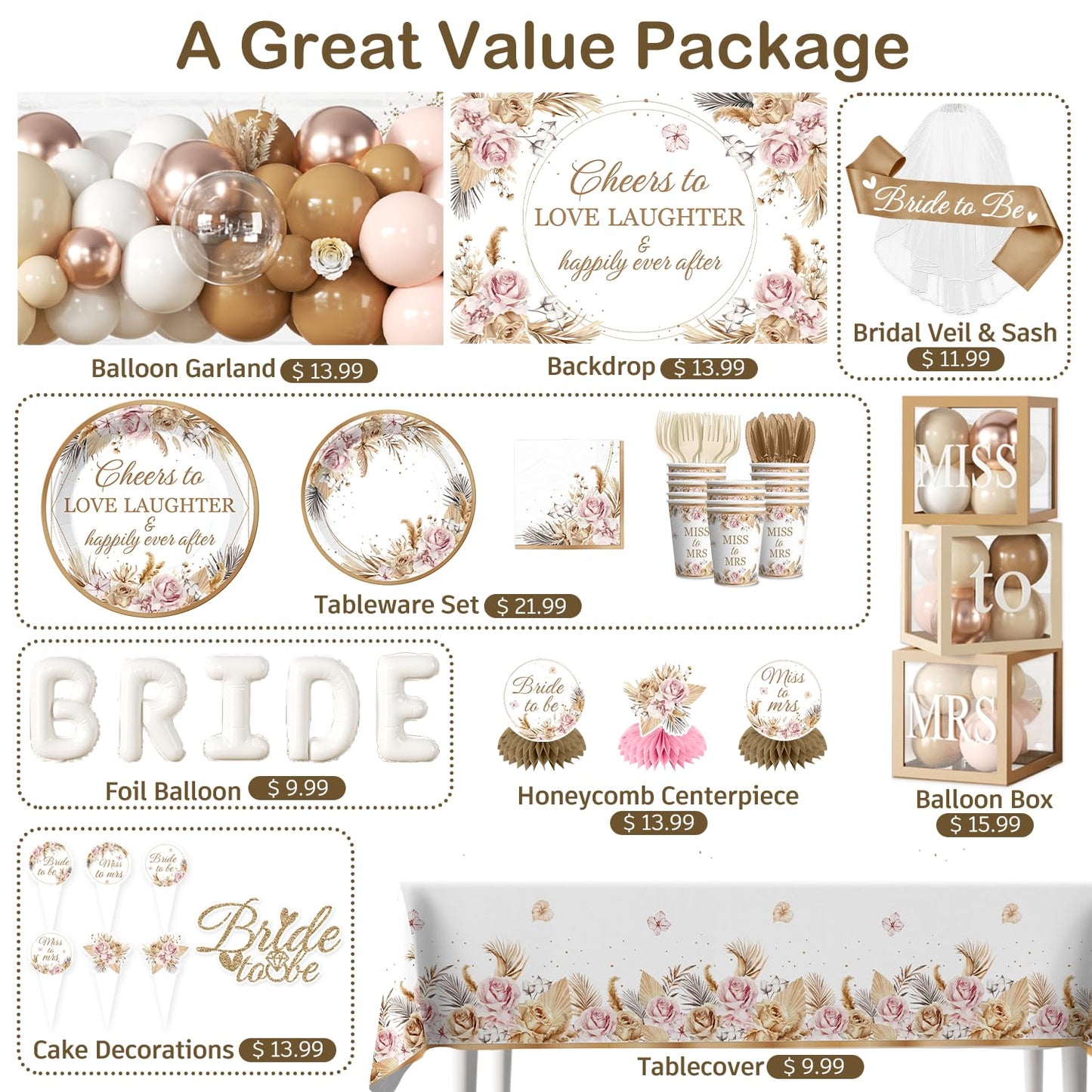 cocomigo 301pcs Boho Bridal Shower Decorations Complete Party Set, Serves 25 Guests, Boho Wedding Engagement Theme Bridal Shower Decorations, includes Balloon Arch Box Tableware Veil Shoulder Straps
