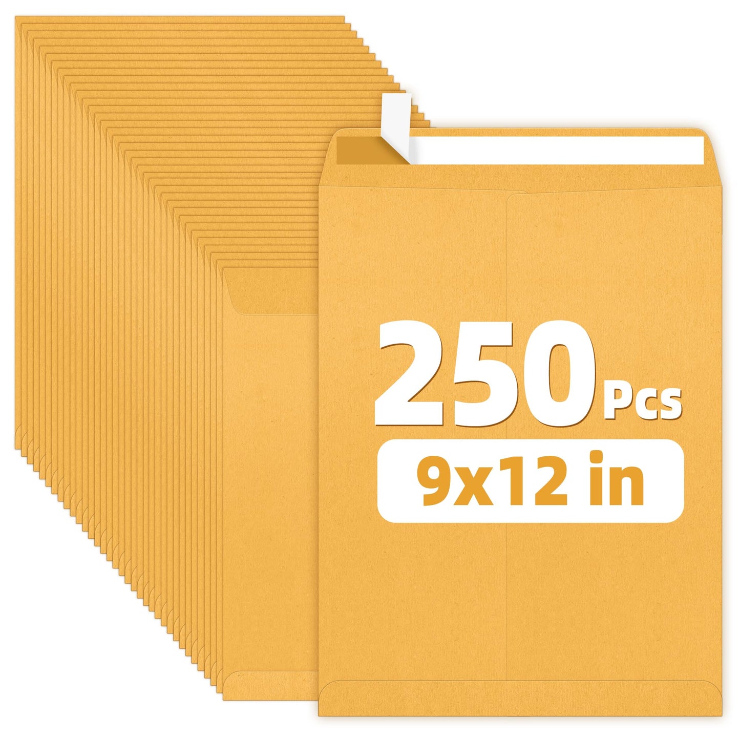 SUNEE 9 x12 Manilla Envelopes, 28lb Brown Kraft, Ultra Strong Quick-Seal Security Catalog Mailing Envelopes for Flat Letter Size Documents or Photos, 250 Count