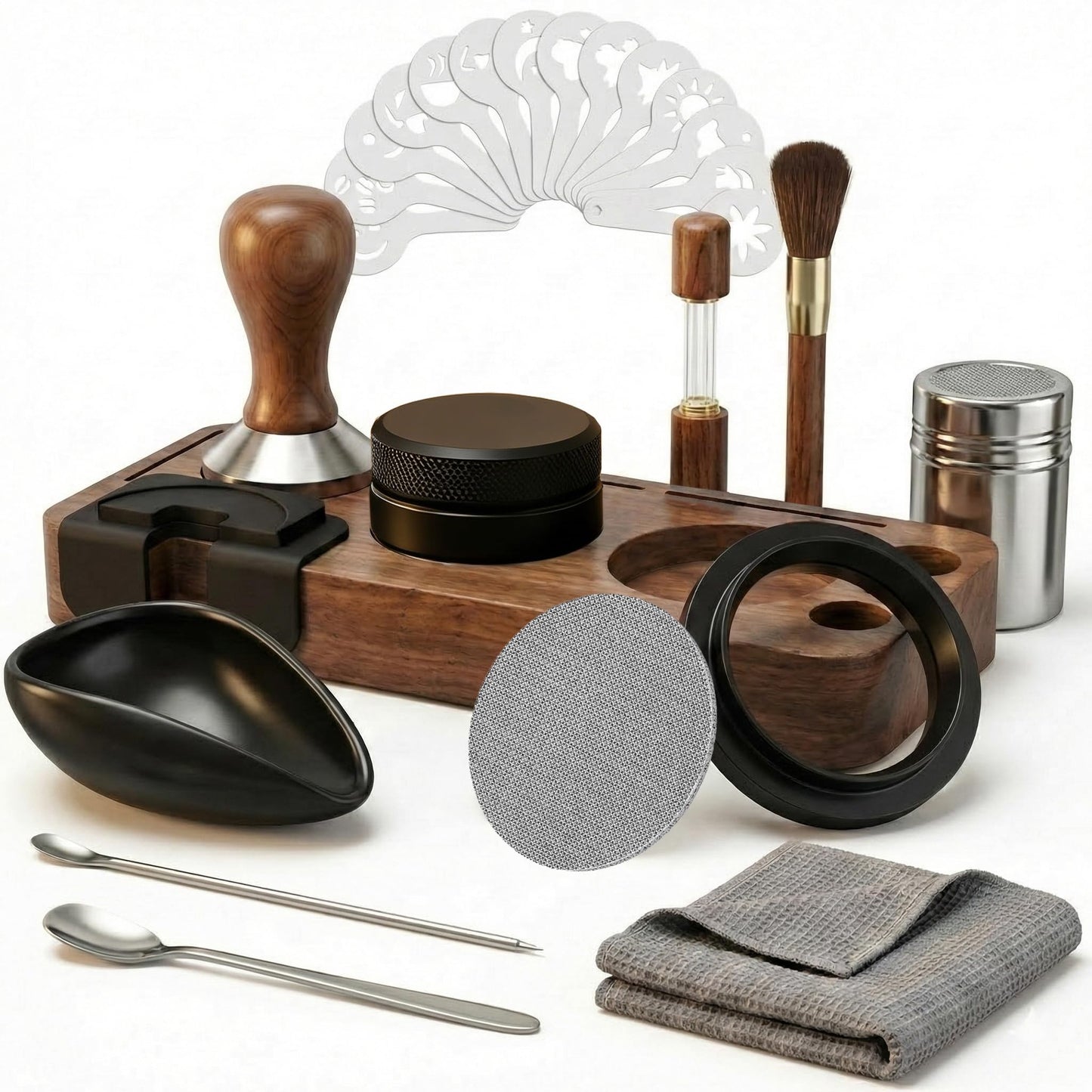 28PCS Espresso Accessories Kit, 51mm Espresso Tamper Tools, Espresso Machine Accessories Set with Wood Station, Distributor, WDT Tool, Puck Screen, Dosing Funnel, Powder Shaker, Latte Pen & Stencils
