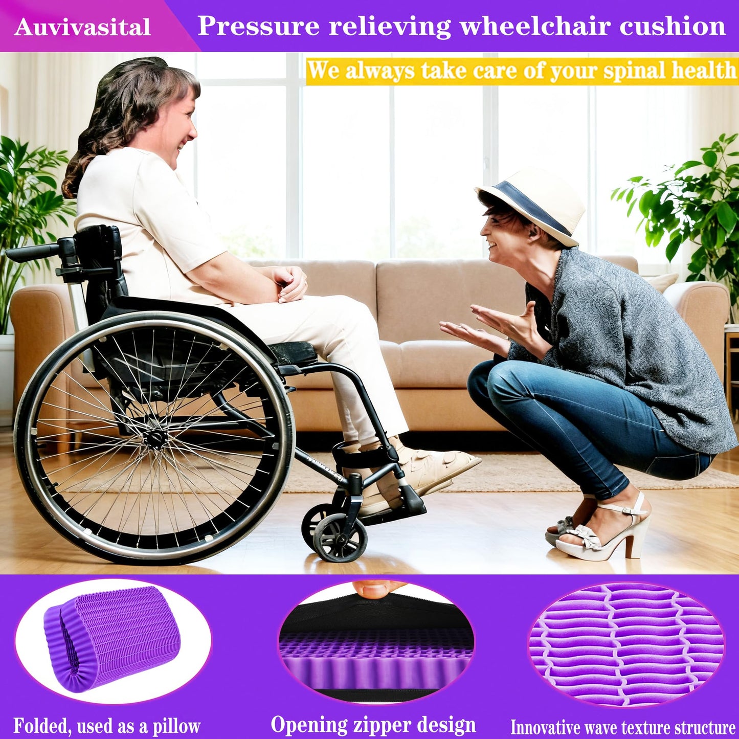 Innovative Gel Seat Cushion for Long Sitting, Soft and Breathable, Seat Cushion for Back, Sciatica, Hip, Tailbone Pain Relief, Used for The Office, Wheelchair, Recliner, Car, Stadium, Kayak.(Púrpura)