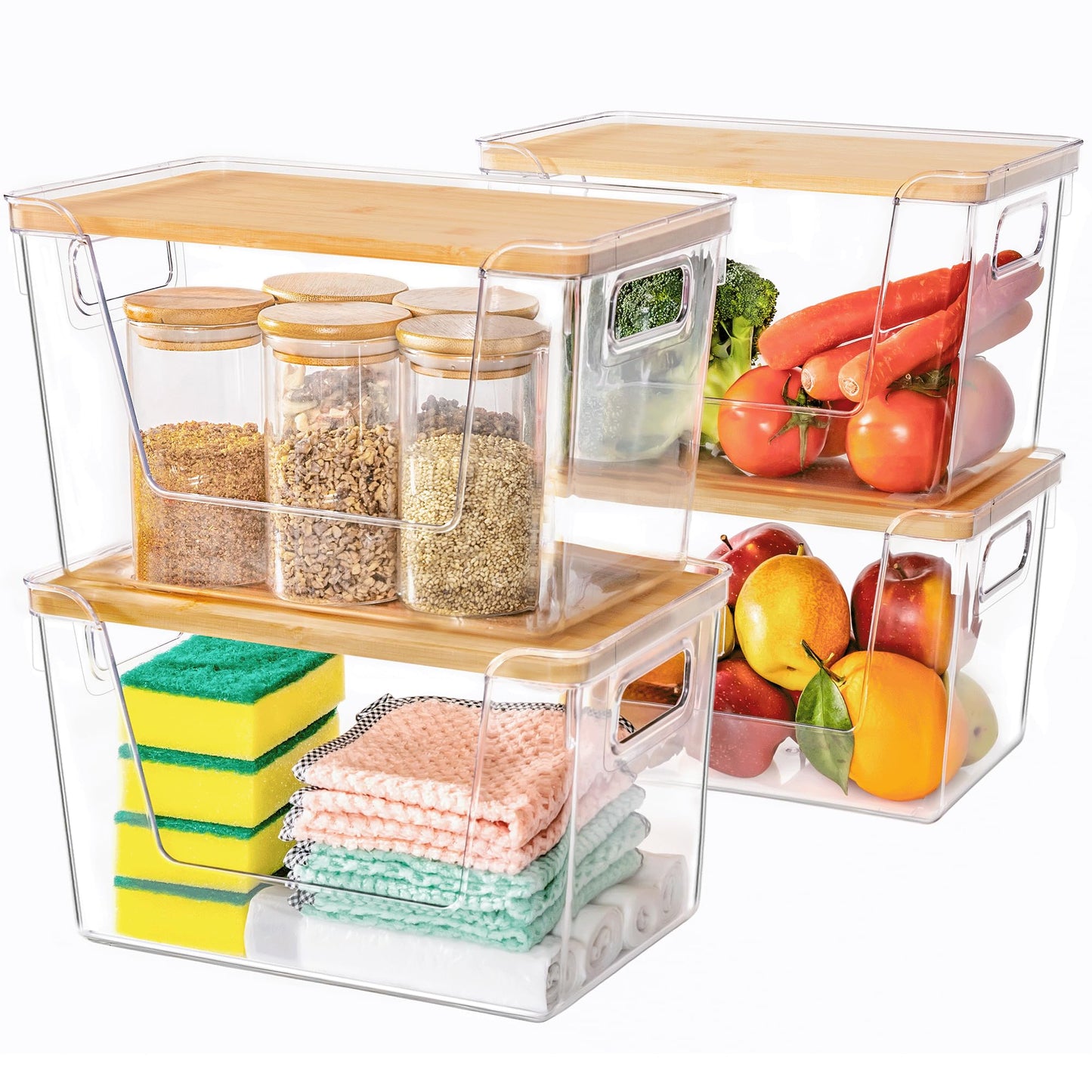 Criusia 4 Set Pantry Organizers and Storage with Bamboo Lids, Stackable Clear Bins for Onion, Potato, Fruit, Vegetables, Trash Bag Dispenser, Kitchen and Under Sink Organizer
