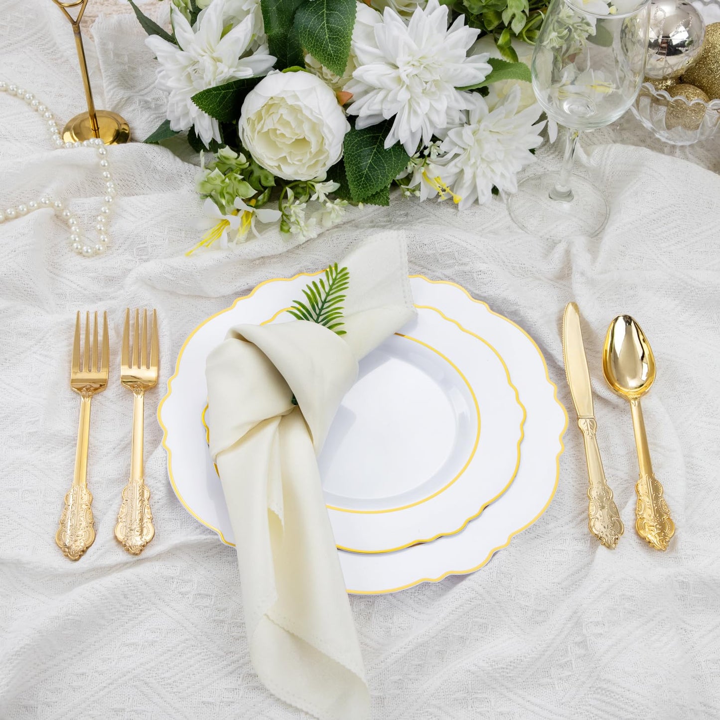 Liacere 350PCS Gold Plastic Plates-Disposable White and Gold Plates 50guest Baroque Plastic Dinnerware include 100Plates, 50Pack Pre Rolled Napkins with Silverware 50Cups for Wedding & Mothers Day