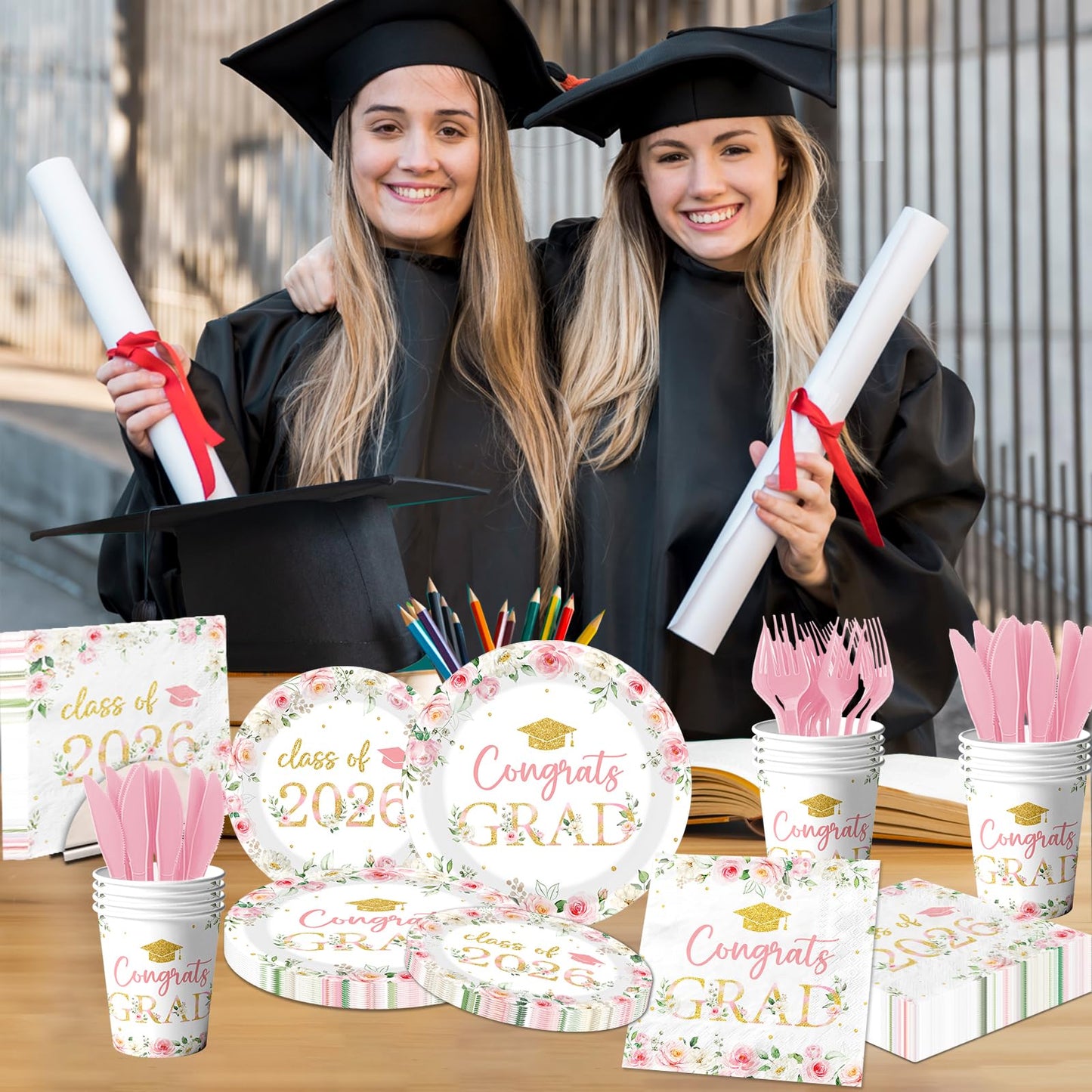 Class of 2026 Graduation Party Supplies,150Pcs Floral Congrats Grad Party Plates and Napkin Pink Gold Floral Graduation Theme Tableware for Class of 2026 Congrats Grad Party Serve 25