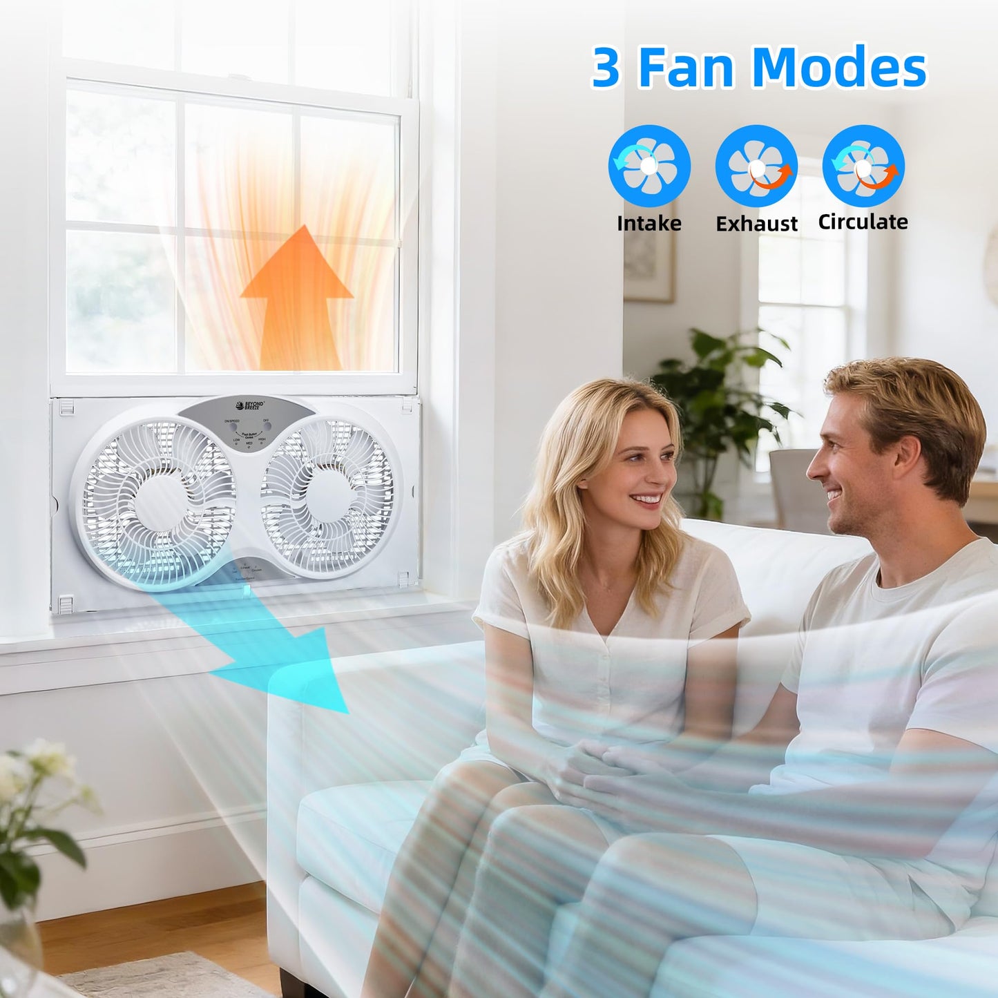 BEYOND BREEZE Window Fan Reversible Airflow, 9" Dual Window Fan with 3-Speed 3 Modes (Cool, Circulate, Exhaust), Remote Control Twin Window Fan 23.5" to 37" Adjustable Width for Bedroom, Kitchen, Home