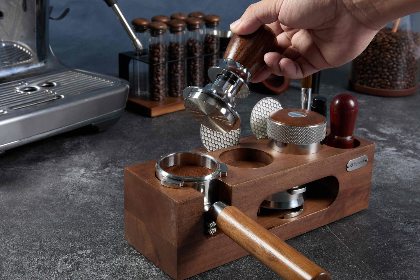 Teyearlife 53.3mm Calibrated Espresso Tamper for Breville 54mm Portafilter, 30lb Spring Loaded Auto-Leveling Tool with Ripple Base & Walnut Handle to Prevent Channeling