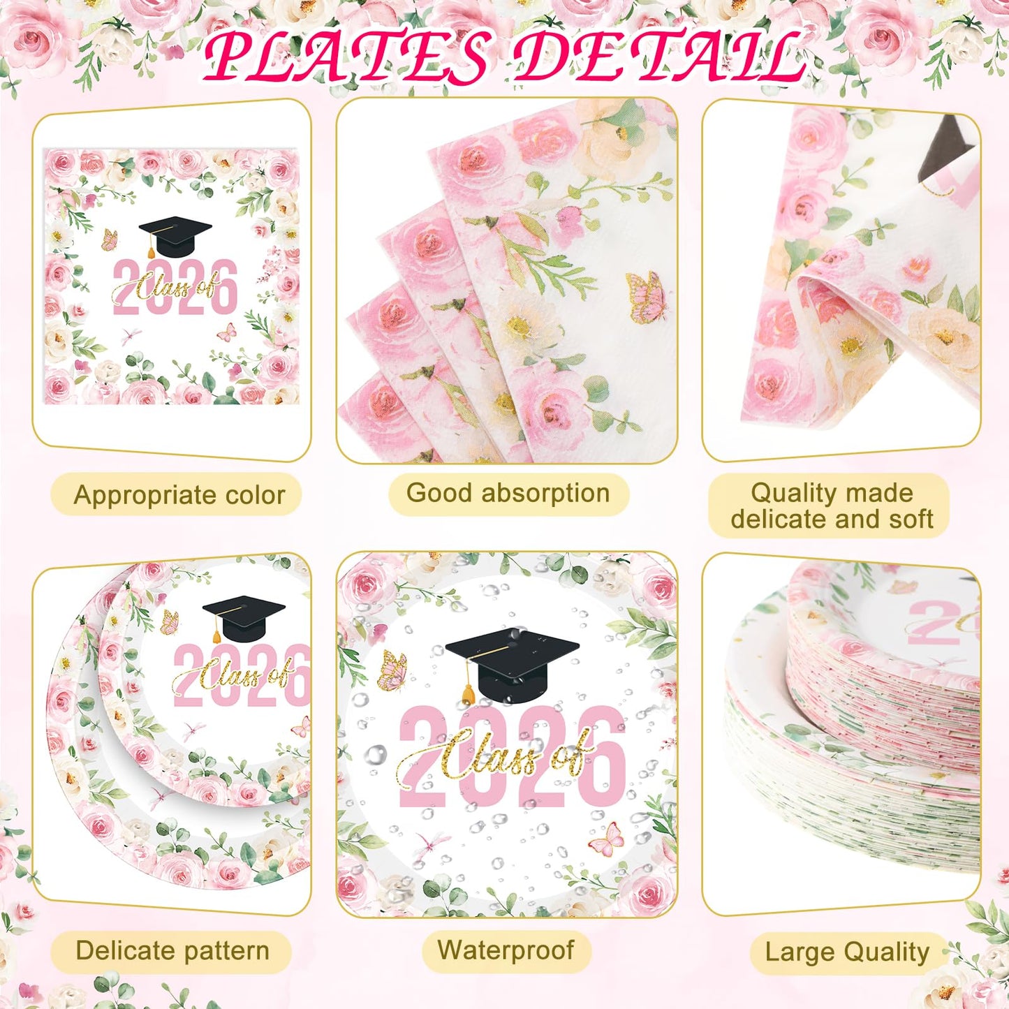 Funnymoom 452 Pcs Pink Floral Graduation Decoration Girl for 50 Guests, Class of 2026 Floral Graduation Paper Plates Napkins Cups Tablecloth Cutlery Straws for 2026 Congrats Grad Party Supplies