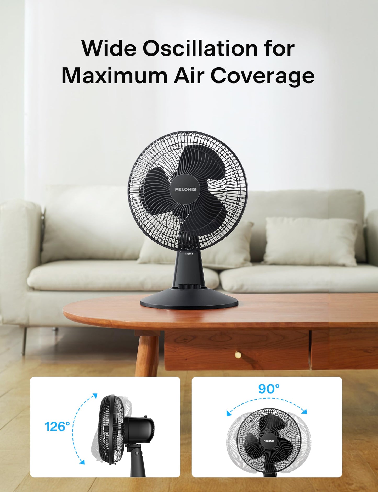 PELONIS Table Fan 12-Inch, 120° Oscillating Table Fan Small Portable Electric Plug-In Desk Fan with 3-Speeds, 126° Adjustable Tilt Head for Bedroom and Office Black