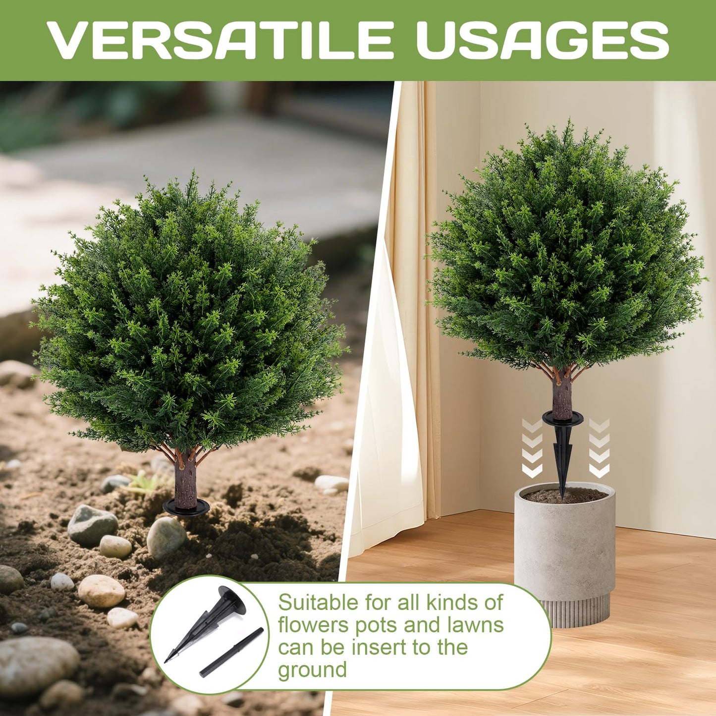 Artificial Cedar Topiary Ball Tree 23" with Ground Spike, Set of 2 Artificial Boxwood Bushes for Faux Shrubs, Fake Evergreen Faux Plant for Indoor Outdoor Porch Garden- UV Resistant – Fade-Proof