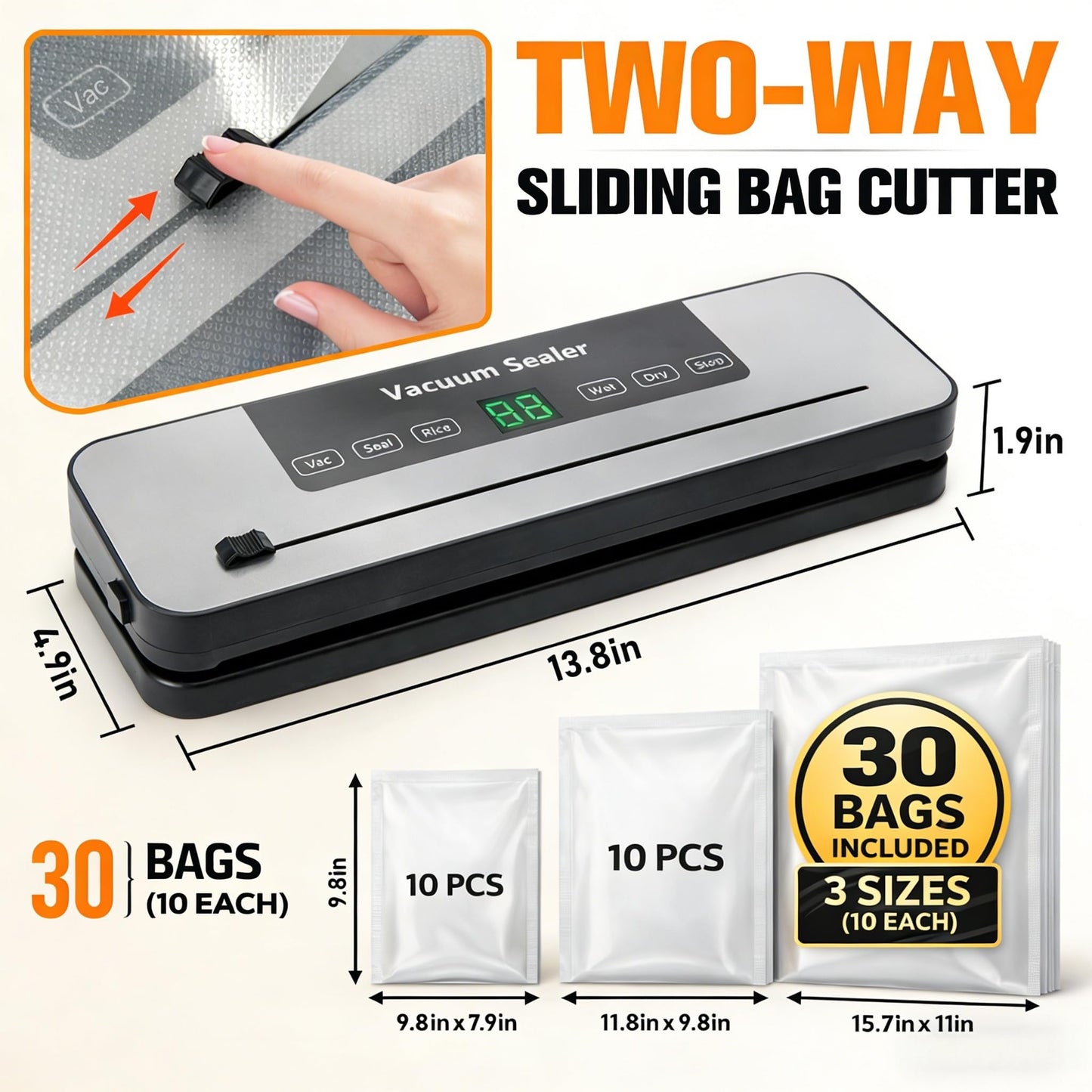 Vacuum Sealer Machine for Food with Built-in Cutter, 6-in-1 One-Touch Automatic Food Vacuum Sealer, Dry & Wet Modes, Digital Timer, Compact Food Saver Vacuum Sealer with 30 Bags Grey