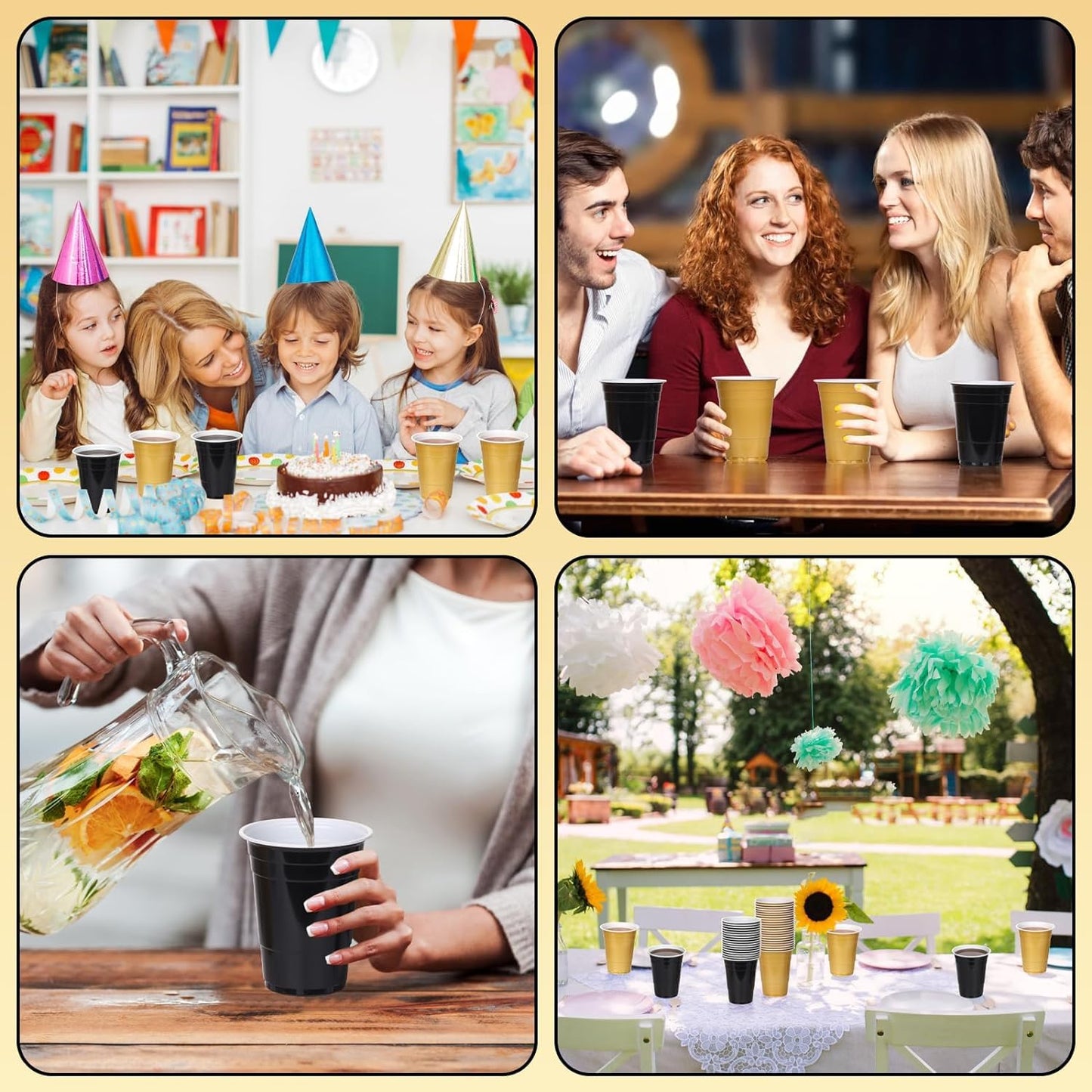 KesaPlan 100PCS 16 oz Plastic Cups Graduation Cups Black and Gold Cup Disposable Party Cups Bulk for Party Graduation Wedding Birthday Halloween Family Gatherings and Festive Celebrations