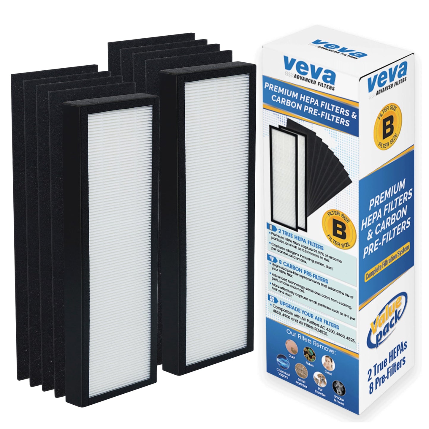 Veva HEPA Filter B Replacement, Compatible with Germ Guardian AC4825, AC4900CA, AC4850PT, AC4820 Air Purifier and FLT4825. Pack of 2 HEPA Filters / 8 Carbon Pre-Filters