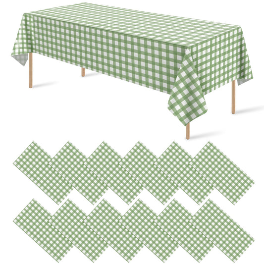 12Pack Sage Green Plastic Checkered Tablecloth, Premium Decorative Disposable Sage Green Gingham Plaid Table Cloths for Parties, Rectangle Party Table Cover for Picnic Birthday Wedding, 54x108 Inch