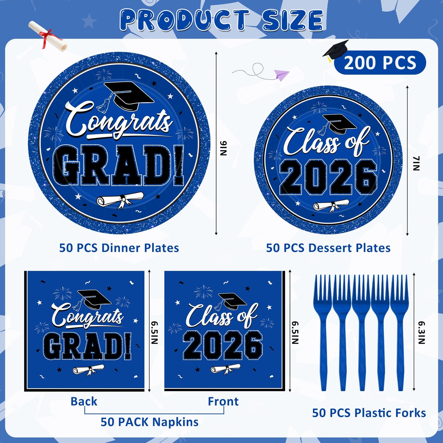 200Pcs Graduation Decorations 2026, Blue Graduation Plates and Napkins Party Supplies for 50 Guests, Disposable Grad Plates, Napkins, Dessert Plates and Forks for Grad Decor Wedding Birthday Supplies