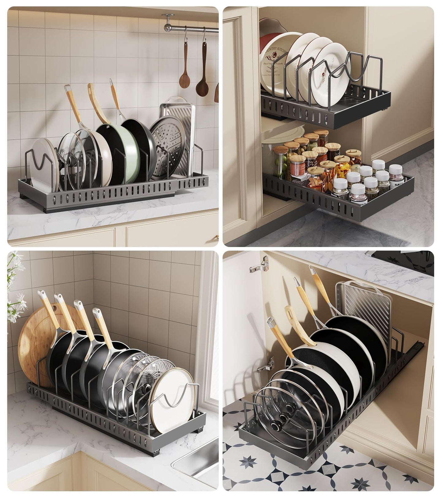 Pull Out Pots and Pans Organizer Under Cabinet, Expandable Sliding Lid Holder and Pan Rack for Kitchen, Slide Out Inside Cabinet for Pot Lid, Bakeware, Dishes, 10 Adjustable Dividers, 2 Pack Black