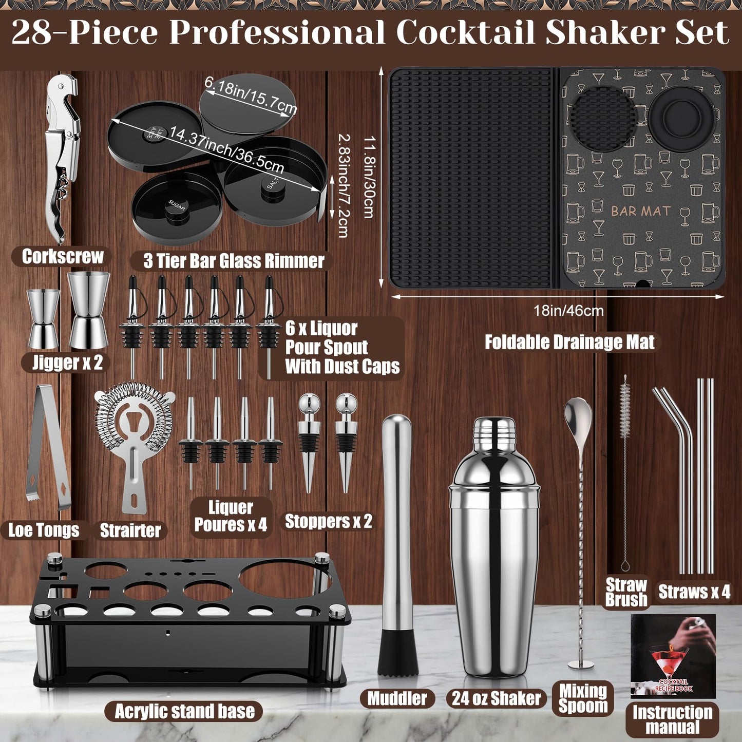 Acellegic 28 Pcs Cocktail Shaker Set and Bartender Kit with Stand, 18 x 12 Inch Folding Bar Mat with Cutting Board, 3 Tier Bar Glass Rimmer, Liquor Pour Spout Bartender Tool Gift for Home and Mixology