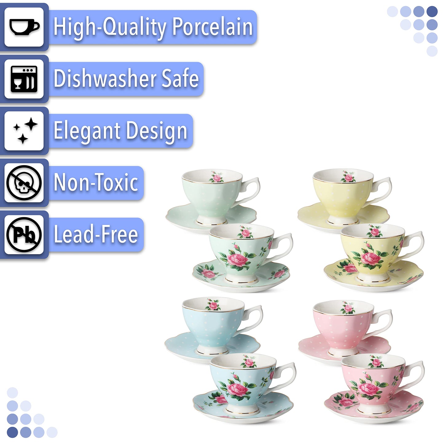 BTaT- Floral Tea Cups and Saucers, Set of 8, 8 oz, Fine Porcelain Teacup Set with Gold Trim for Afternoon Tea, Weddings, Parties & Gifting, Dishwasher Safe, Lightweight, Non-Toxic