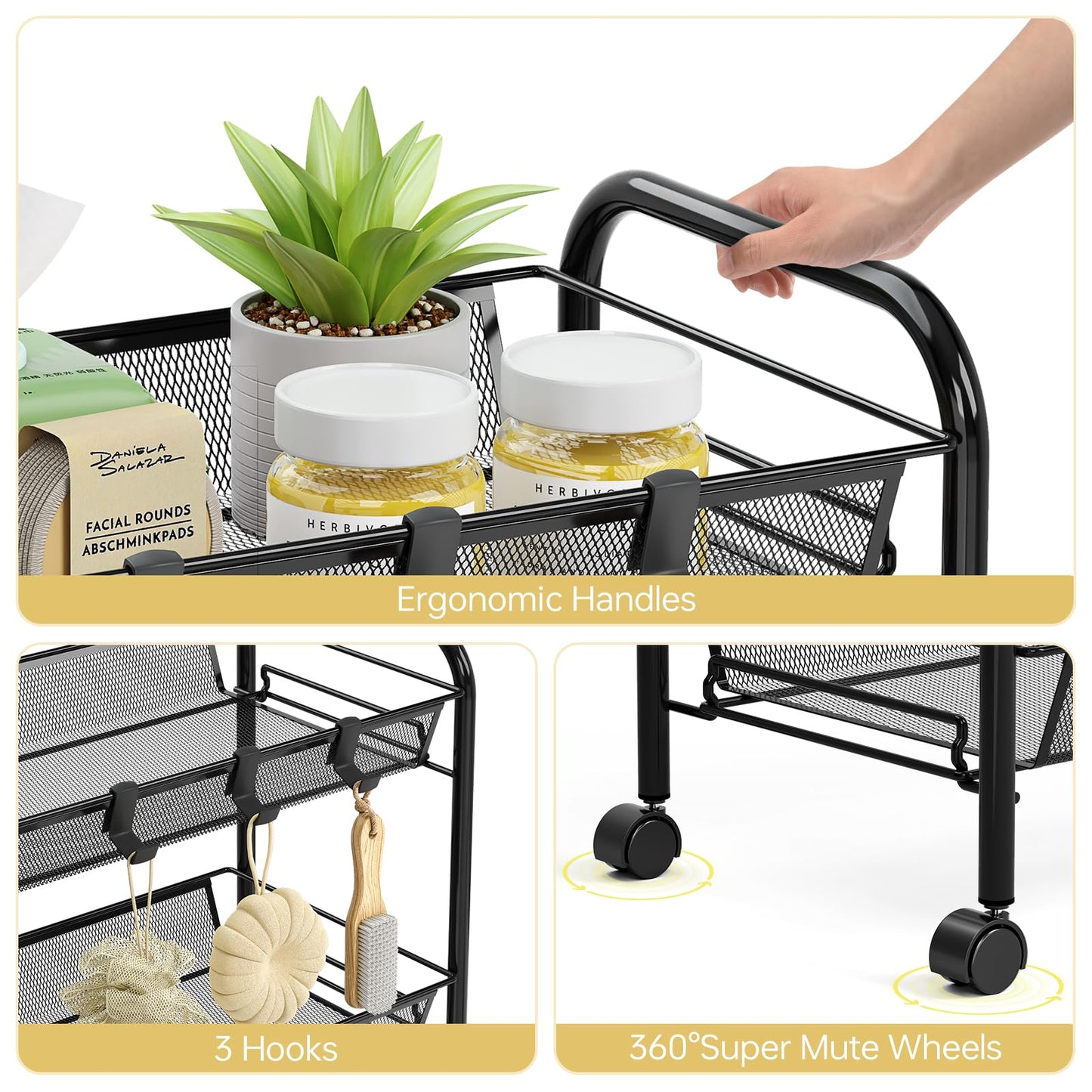 TOOLF 5-Tier Metal Utility Cart with 3 Hooks, Easy Assemble Mobile Storage Trolley On Wheels, Metal Shelving Units Kitchen Bathroom Laundry Room