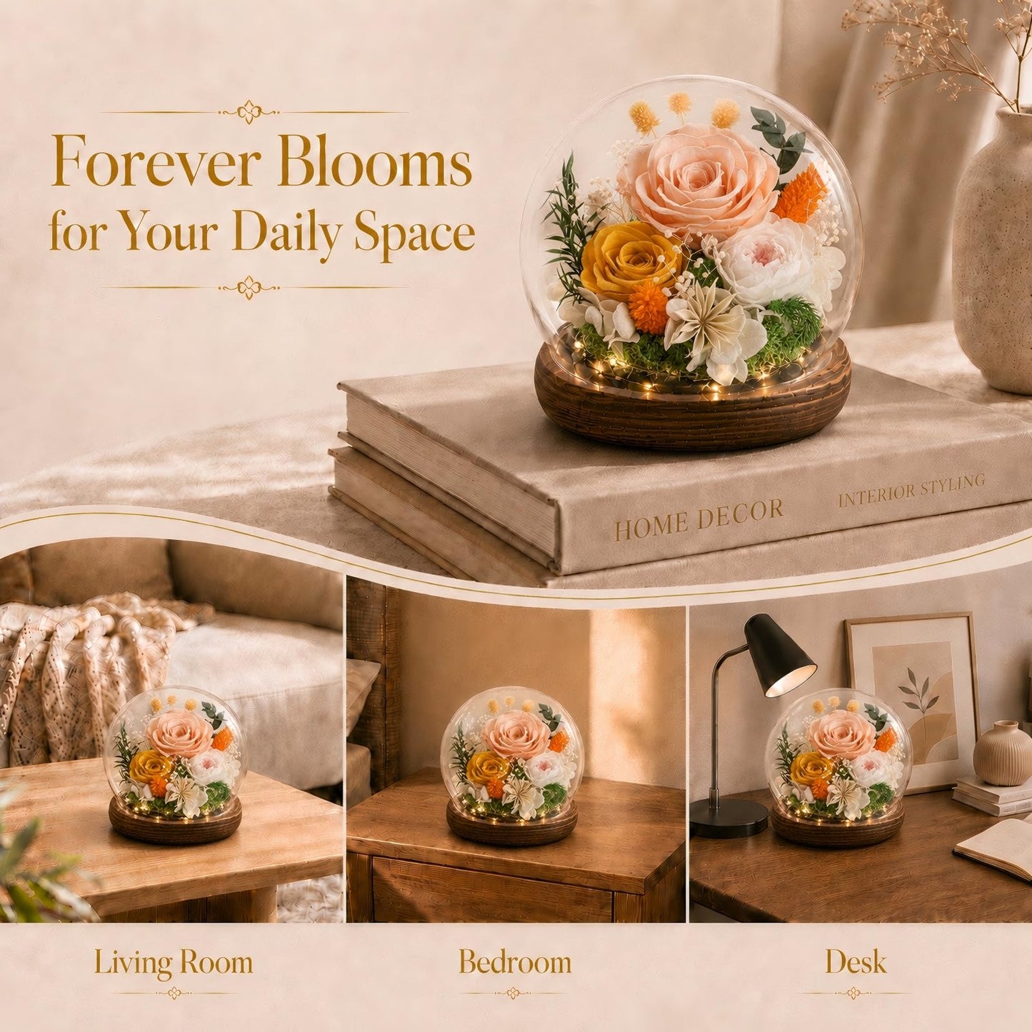 FIACO Gifts for Mom Flowers for Delivery Birthday Gifts for Women Grandma Forever Preserved Eternal Rose in Glass Dome Mother Days Valentines Anniversary for Girlfriend Wife Her, Champagne
