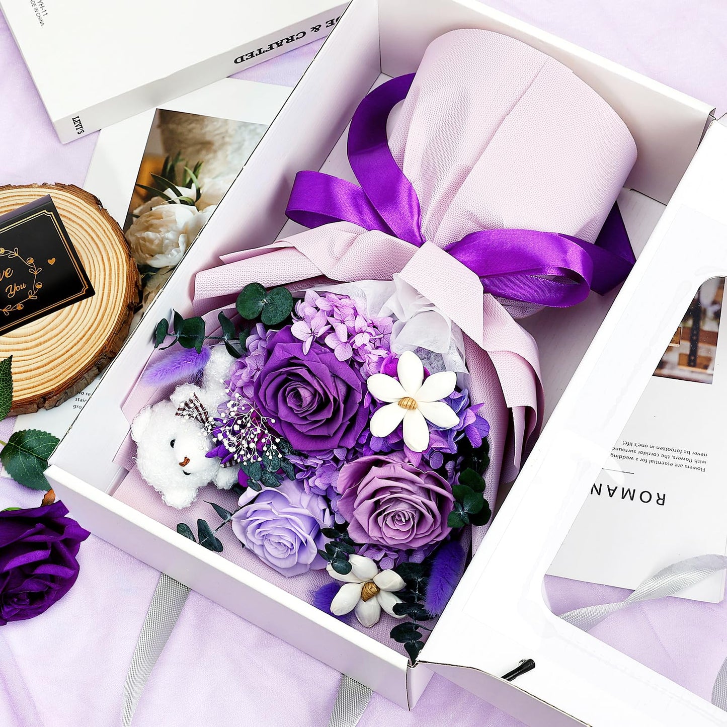 Tobilu Preserved Flowers Bouquet Graduation - Purple Forever Roses with Bear for Graduation Gifts, Anniversary, Birthday, Valentine for Mom Grandma Women Wife - Purple