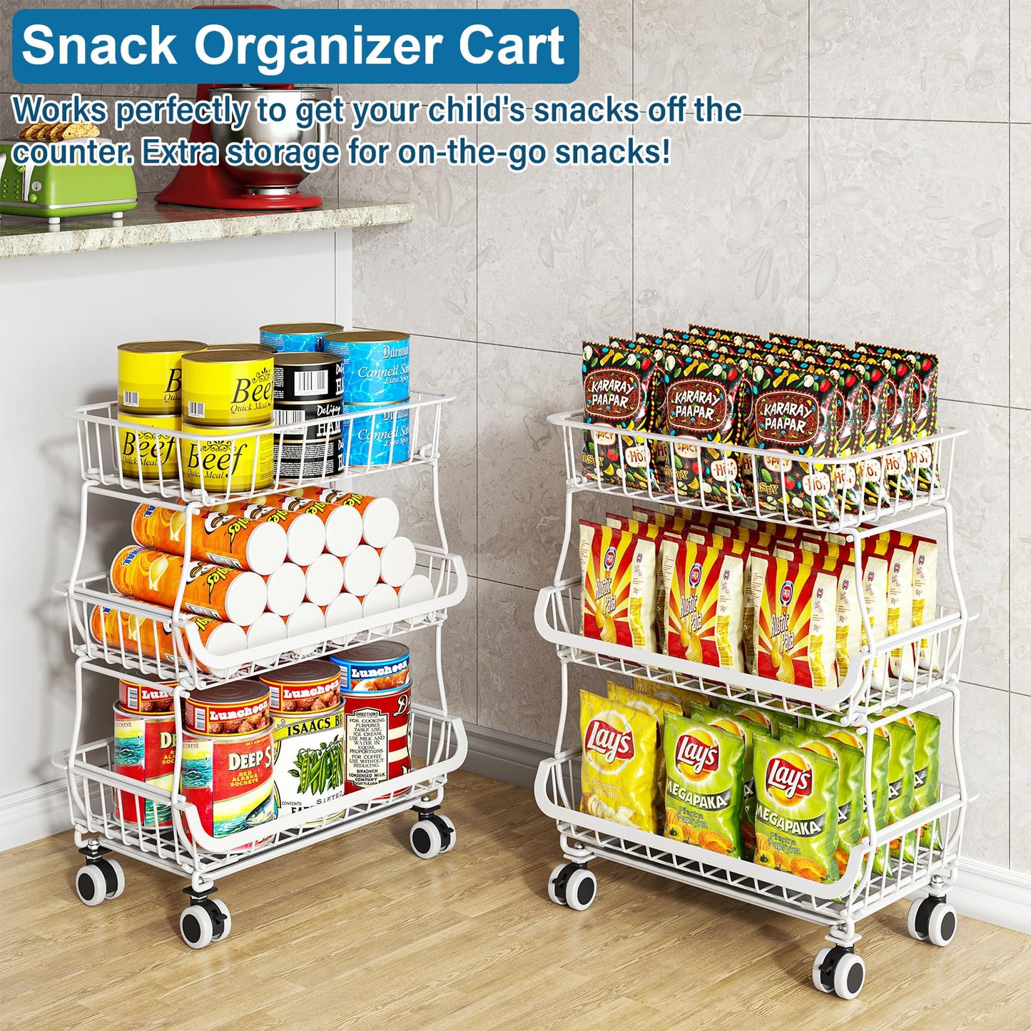 OKZEST 3-Tier Rolling Pantry Floor Organizer and Storage Cart with Wheels, Stackable Wire Pantry Baskets for Pantry Shelves, Kitchen Storage Rack and Fruit Basket Stand for Fruit Snack Onion Potato