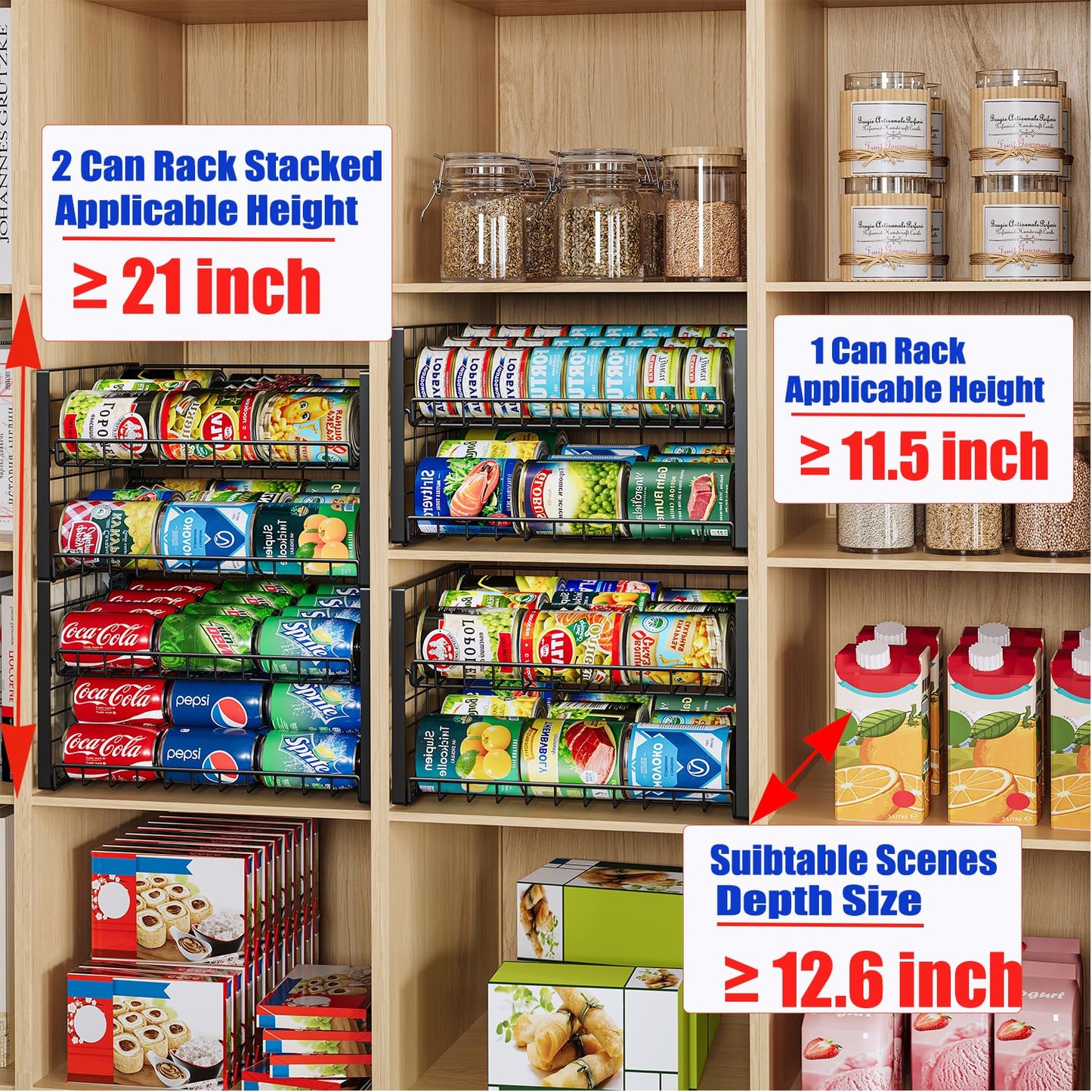 JKsmart 2-Tier Stackable Can Rack Organizer for Pantry, Adjustable Can Dispenser Holds Up to 60 Cans, Can Storage Holder for Various Ounces of Canned Food Soda Drinks, Black, 2 Pack