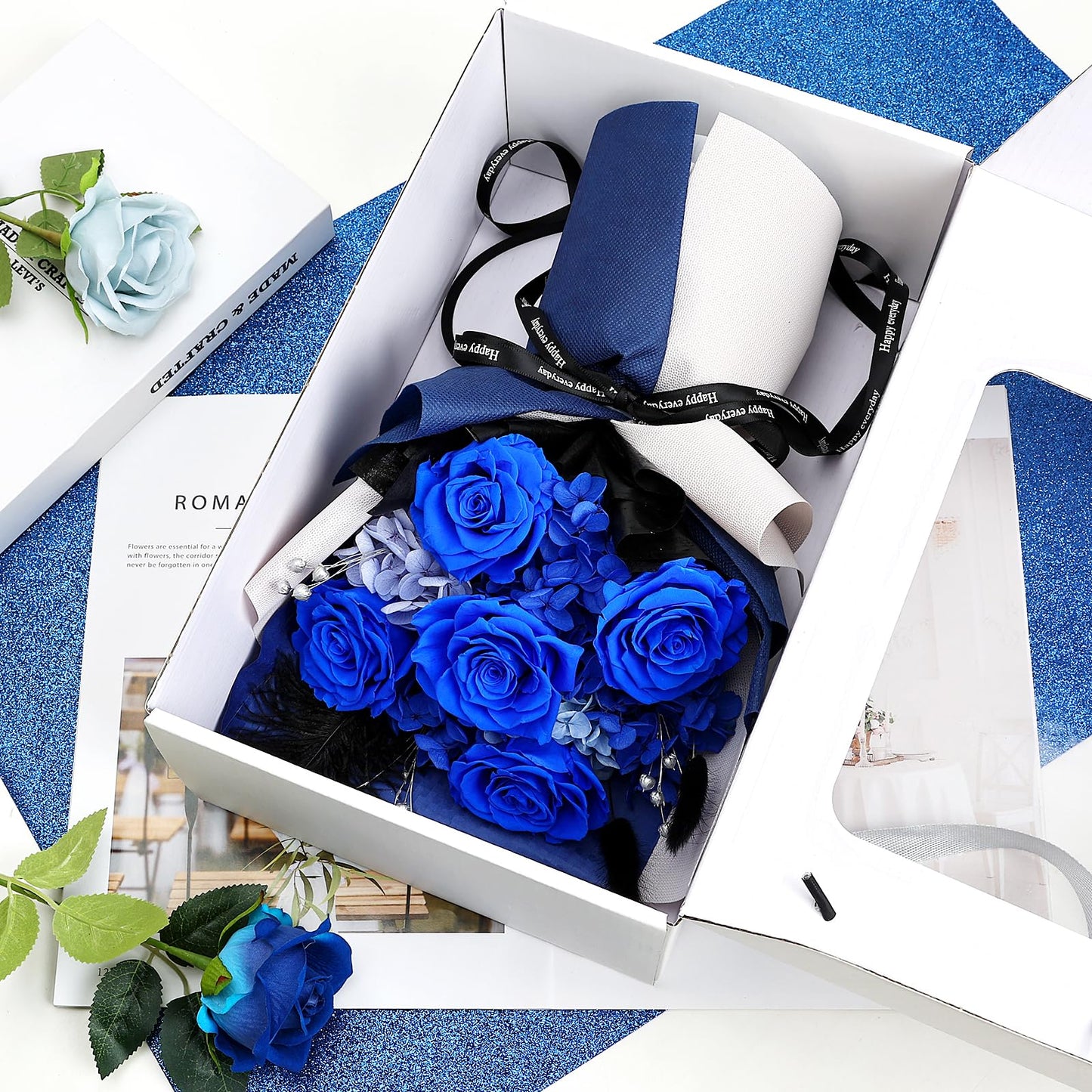 Tobilu Graduation Flowers Bouquet - Father Day Gifts Royal Blue Real Eternal Preserved Roses with Gift Box Card for Women Men Wife Birthday Anniversary Valentine