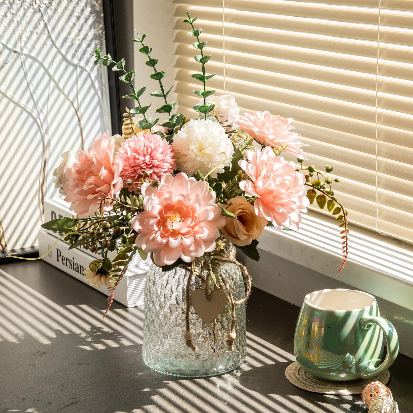 Aubcee Fake Flowers with Vase,Faux Flowers in Vase for Home Decor,Silk Pink Dahlia Artificial Flowers with Vase for Coffee Table Decor,Living Room Bathroom Plant Decor, Centerpiece Table Decorations