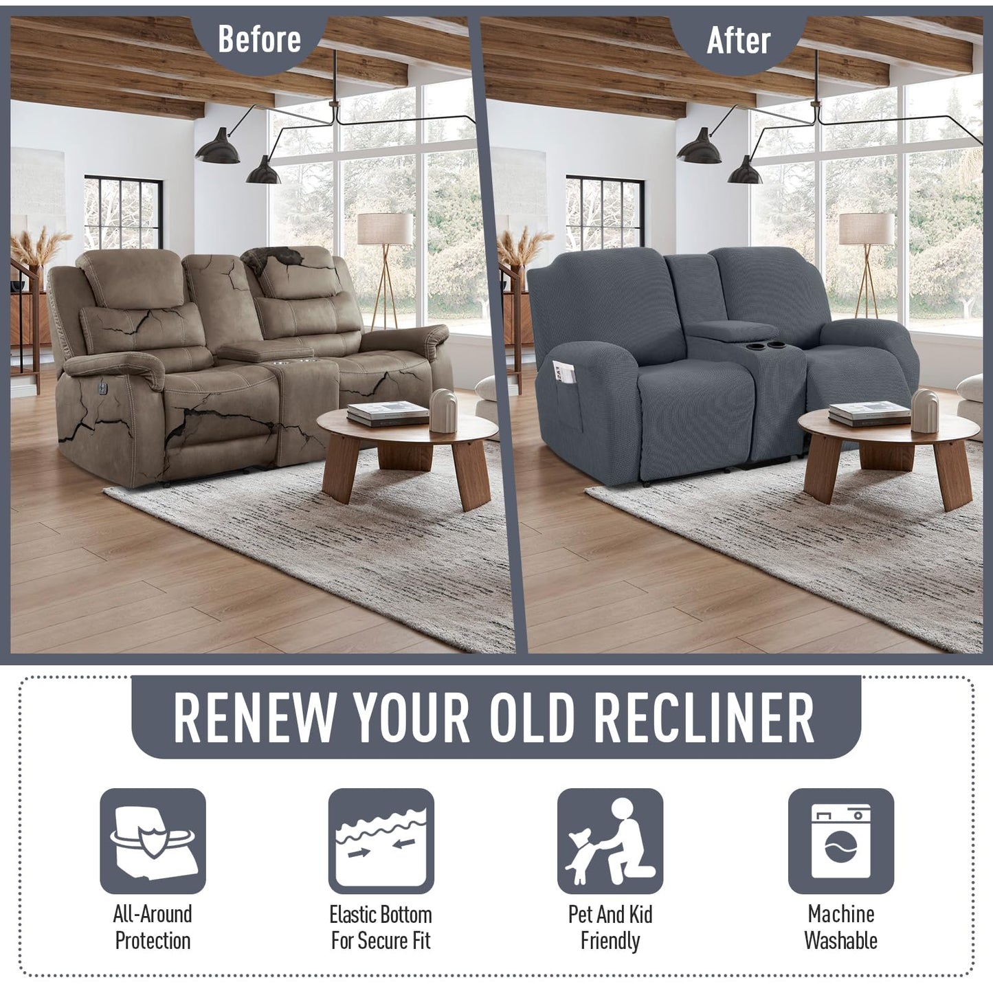 TAOCOCO Loveseat Recliner Cover with Middle Console, Stretch Loveseat Cover for 2 Seat Recliner Couch, Jacquard Reclining Sofa Covers Loveseat Slipcover Furniture Protector, Grey