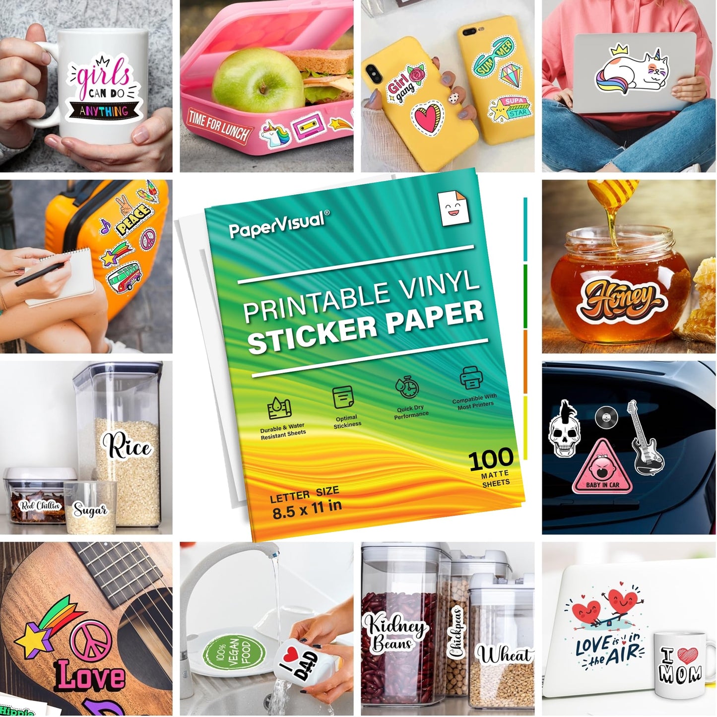 PaperVisual Matte Printable Vinyl Sticker Paper 100 Sheets - Waterproof White, Inkjet & Laser Printer, 8.5x11, Quick Dry, Tear Resistant, Compatible with Cricut & Silhouette -DIY,Labels,SmallBusiness