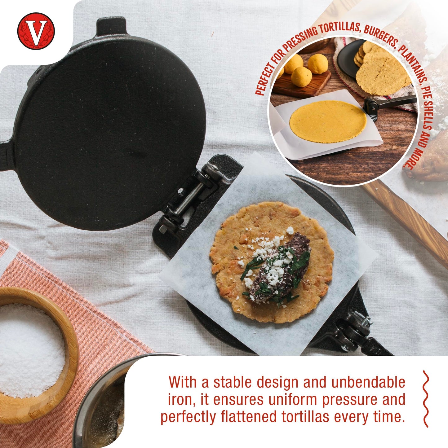 Victoria 6.5 Inch Cast Iron Tortilla Press. Tortilla Maker, Flour Tortilla press, Rotis Press, Dough Press, Pataconera Seasoned with Flaxeed Oil
