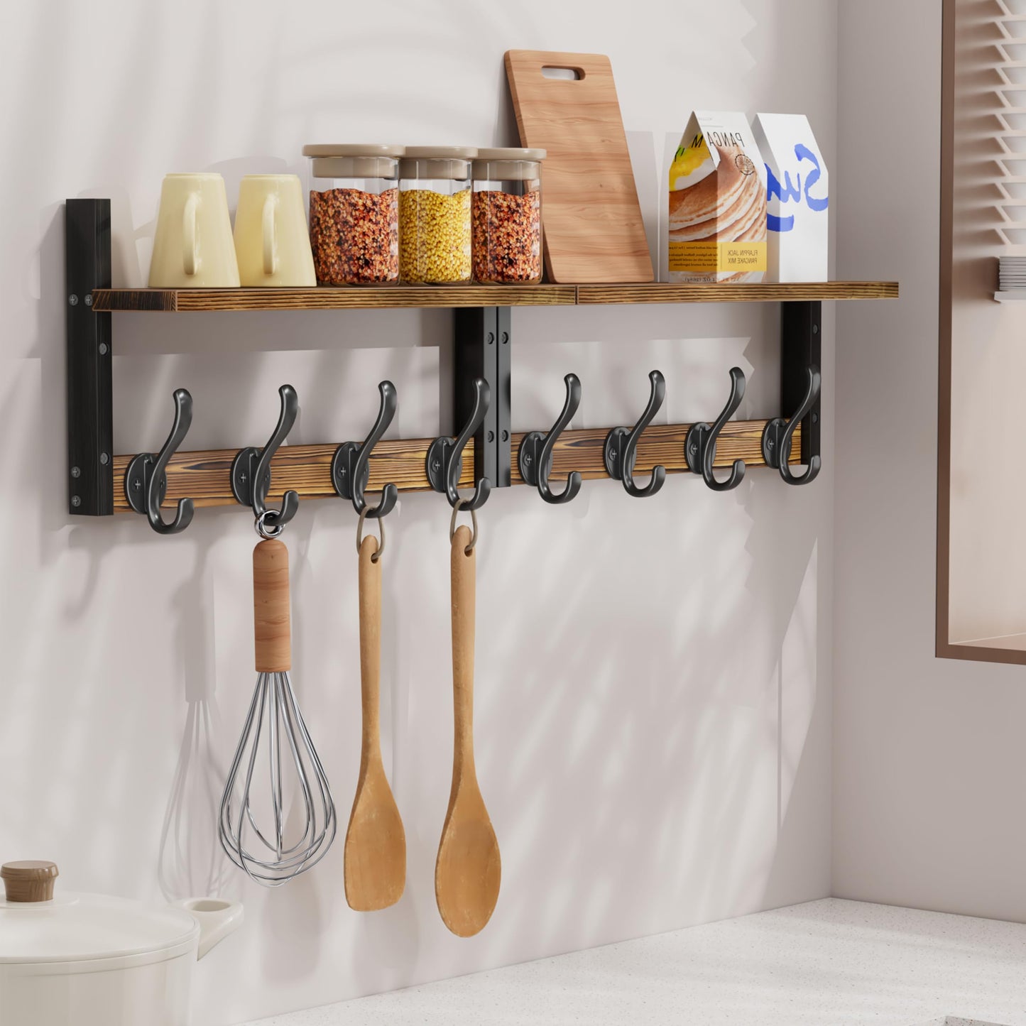 Segtenant 33 inch Coat Rack Wall Mount with Shelf, Entryway Wall Hooks with Shelf, Heavy Duty Coat Hanger Wall Mount for Living Room, Bedroom, Rustic Brown & Black