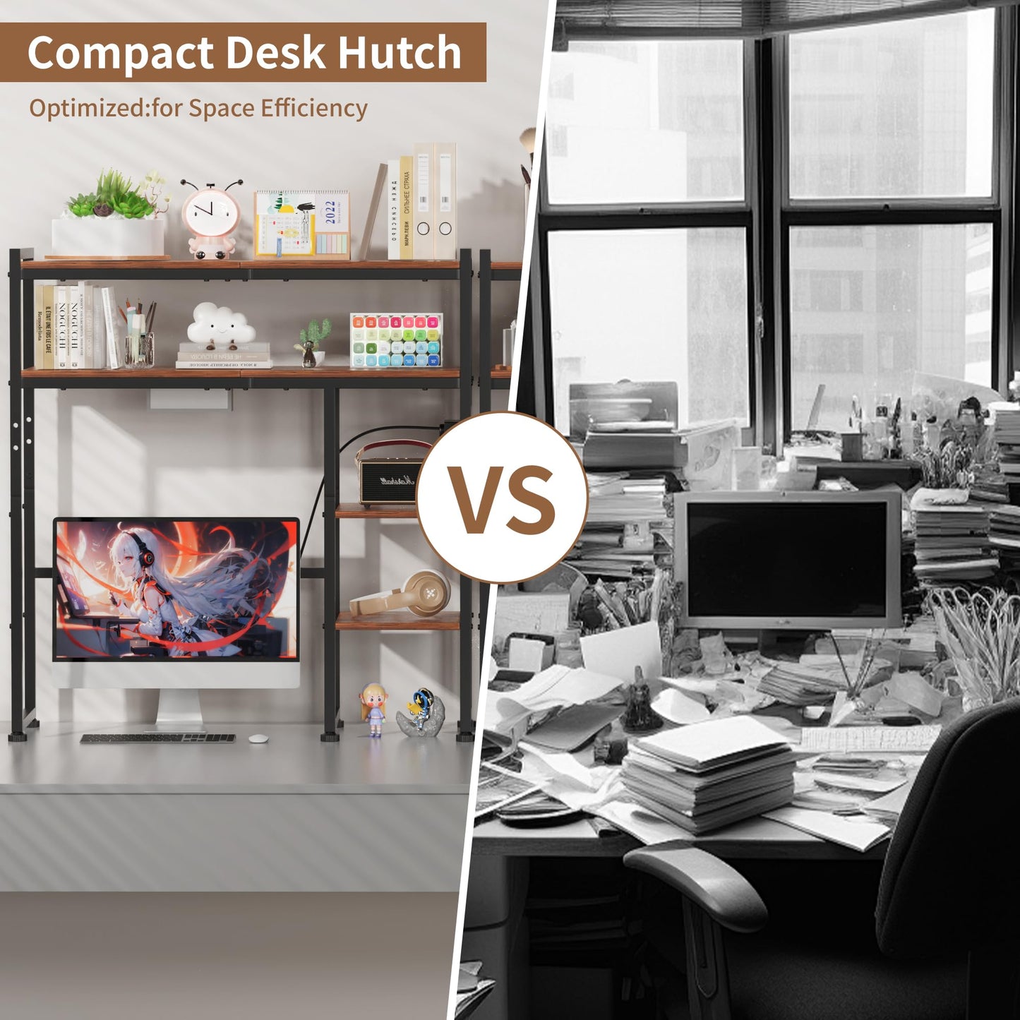Aetheris Desktop Organizer Shelf, 30" Wooden Office Storage Rack with Outlets, Display Shelf Rack with Light Strip, 5 Tier Desktop Display Rac, Desk Shelf, Desk Hutch for Computer Monitor, Brown