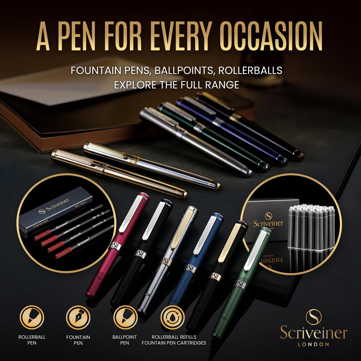 Scriveiner Silver Chrome Fountain Pen - Stunning Luxury Pen, Real Gold Finish Schmidt Gilded Nib (Medium), Best Pen Gift Set for Men & Women, Professional, Executive Office, Nice Pens