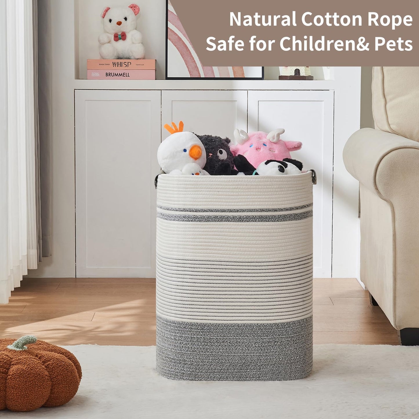 AINUOQI Laundry Basket with Handles - Blanket Basket & Hampers for Bedroom Aesthetic, Laundry Hamper & Blanket Storage for Living Room, Clothes Hamper, Tall, Large 17" x 14" x 22”, Grey & White