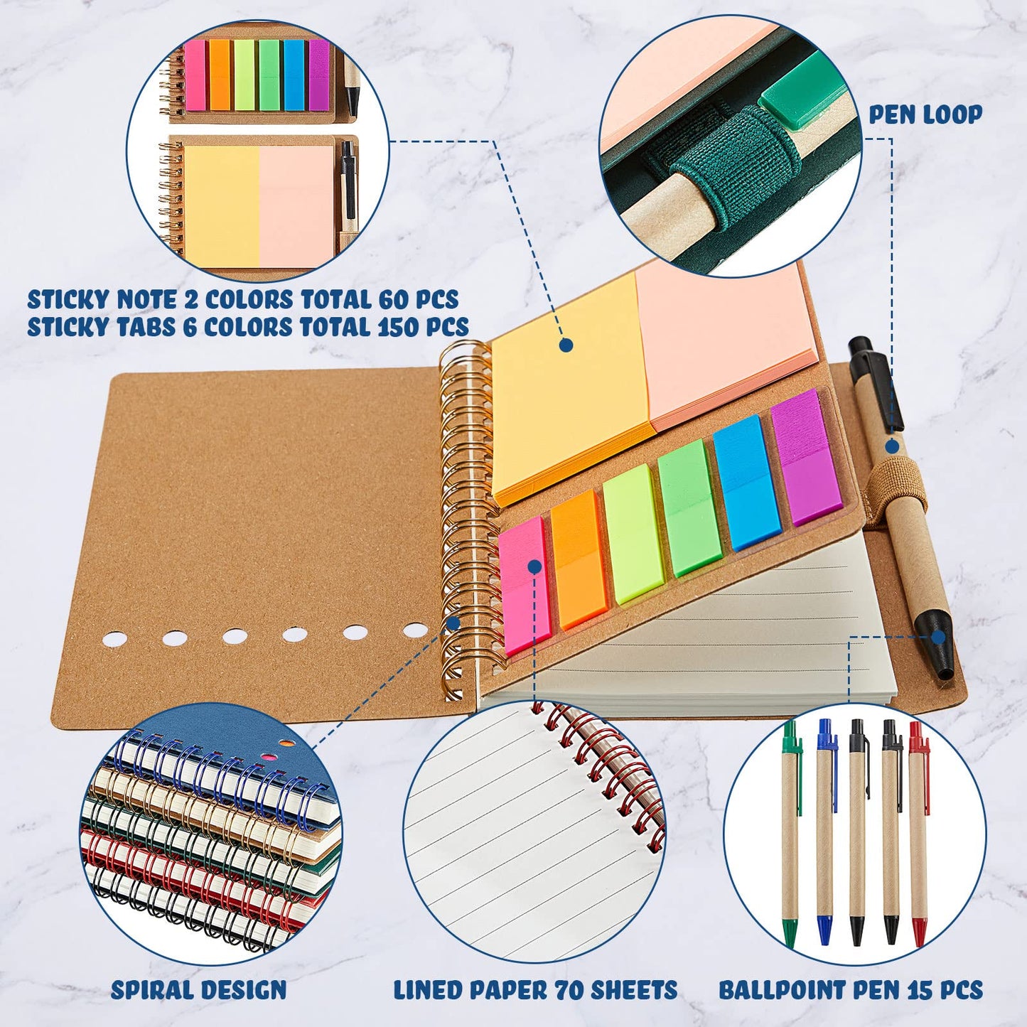 Jutom 30 Pack Lined Spiral Notebooks with Sticky Notes Pen Bulk Notepad and Pen Set Colorful Steno Pads Small Pocket Notebooks for Business Office School Supplies, 4.7 x 5.9 Inches