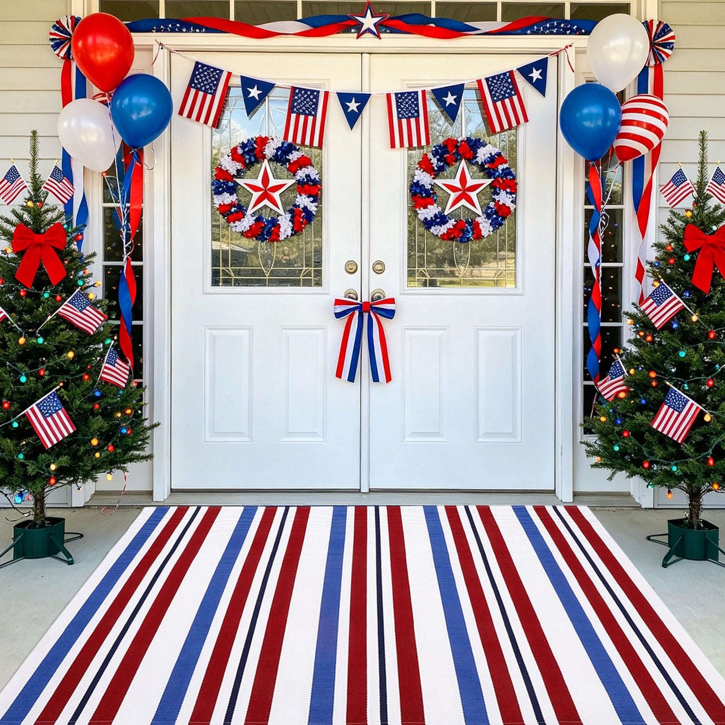 Bottalive USA 250th Anniversary Patriotic Doormat, 4' x 6' Red White and Blue Striped Outdoor Rug, Washable Farmhouse Front Porch Welcome Mat for Memorial Day, 4th of July, and Independence Day Decor