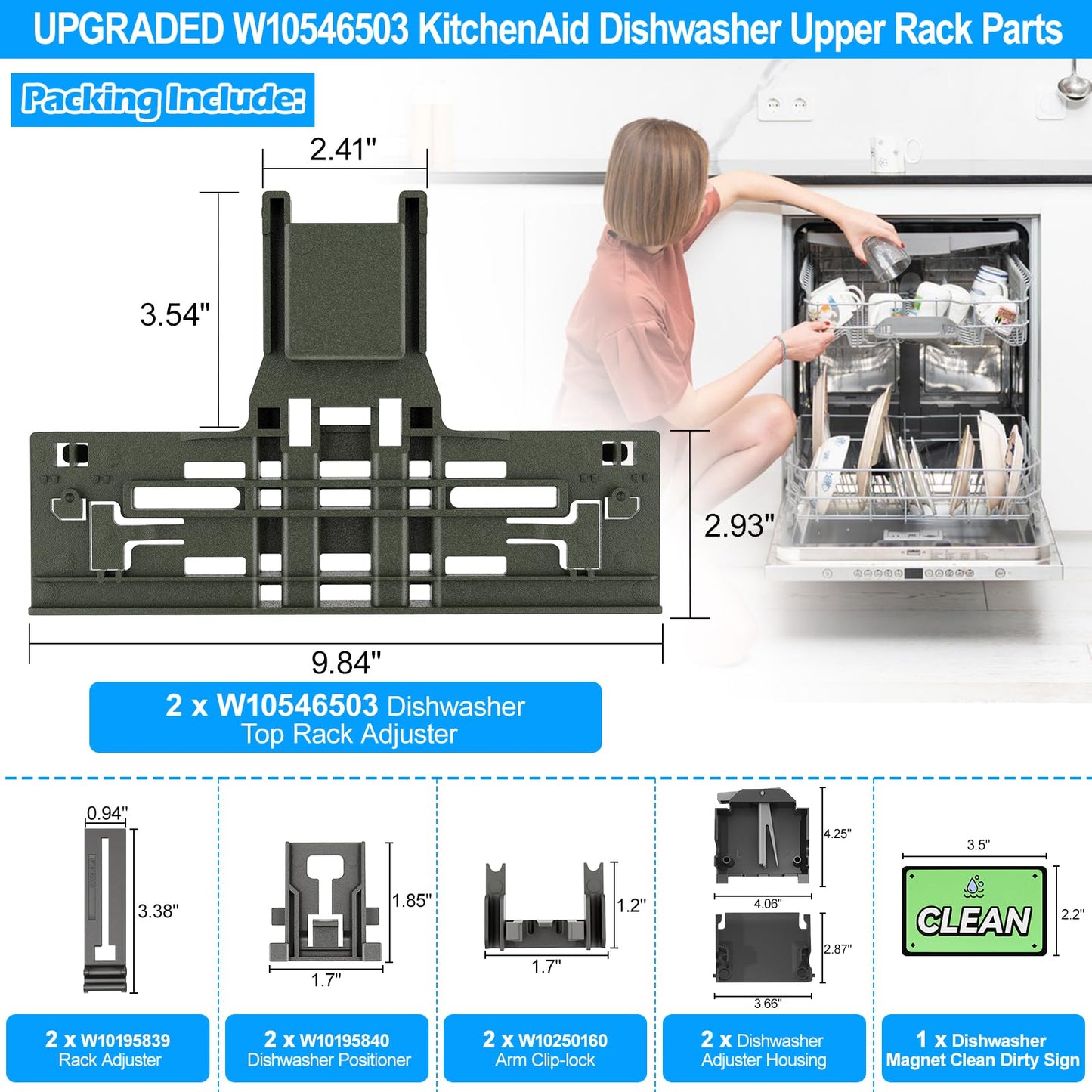 UPGRADED WPW10546503 W10546503 Dishwasher Top Rack Adjuster & W10195372/3 Housing For Kitchenaid Dishwasher Parts Upper Rack WPW10546503 KDTE334GPS0 KDFE104HPS0 Kitchen aid Dishwasher Parts,11Pack