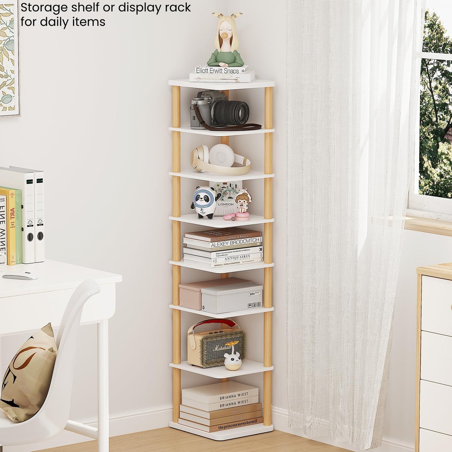 LUCKNOCK Vertical Shoe Rack, 8-Tier Tall Narrow Shoe Organizer for Entryway, Closet, Dorm & Small Spaces, Freestanding Wooden Shoe Shelf Tower for Boots, Sneakers, Heels. (White)