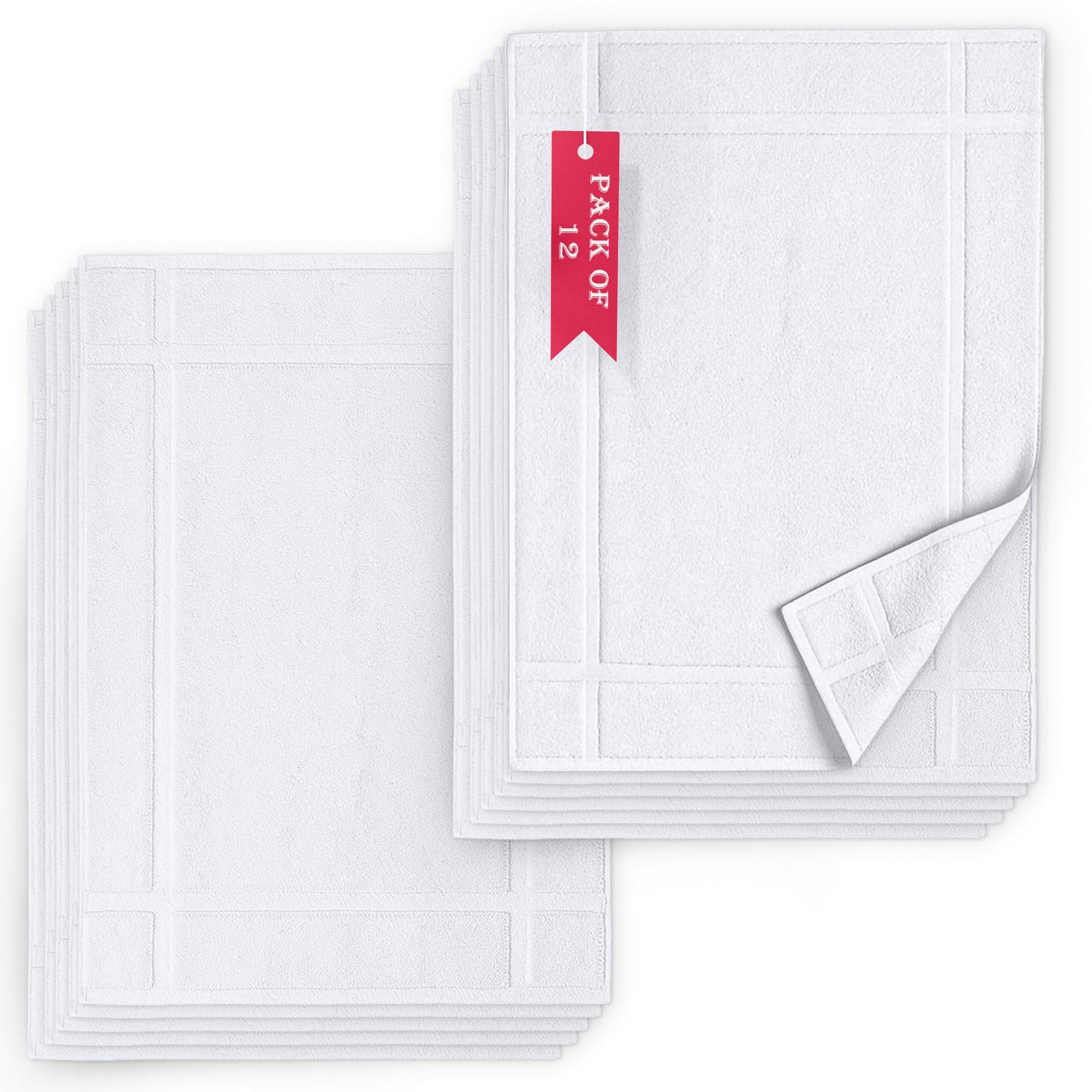 Pearl Linens Pack of 12 100% Cotton Bath Mat 20x30 inches, Soft & Absorbent Quick Dry Bathroom Mat Set, Not Bathroom Rugs, After Shower Mat, Bath Tub Mat, 687 GSM, Machine Washable, White