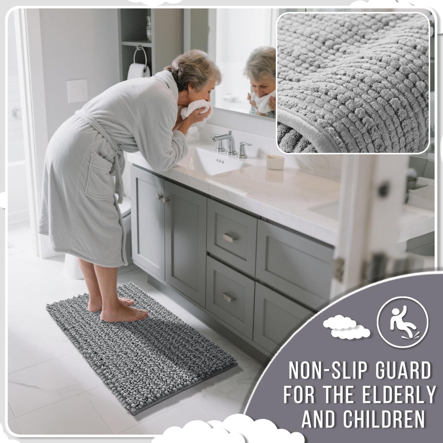 Yimobra Bathroom Rug Set 3 Piece - Super Absorbent Quick Dry Chenille Bath Mats & Toilet Rug, Non Slip Machine Washable, Extra Thick Shaggy Floor Mat for Shower Tub Sink, Grey