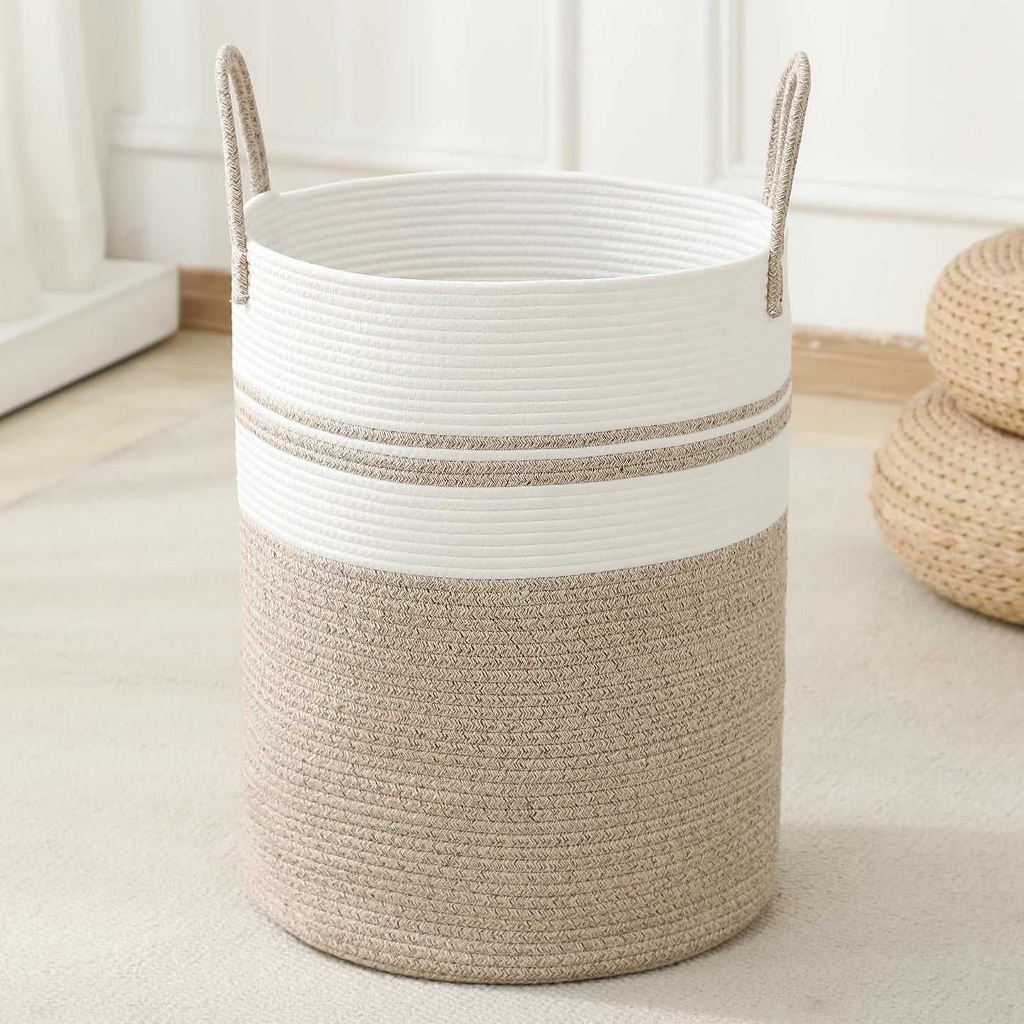 Laundry Basket Hamper Tall Rope Storage Woven for Blanket toys Dirty Clothes in Living Room Bathroom Bedroom (Brown&White, 80L/21.3Gal)